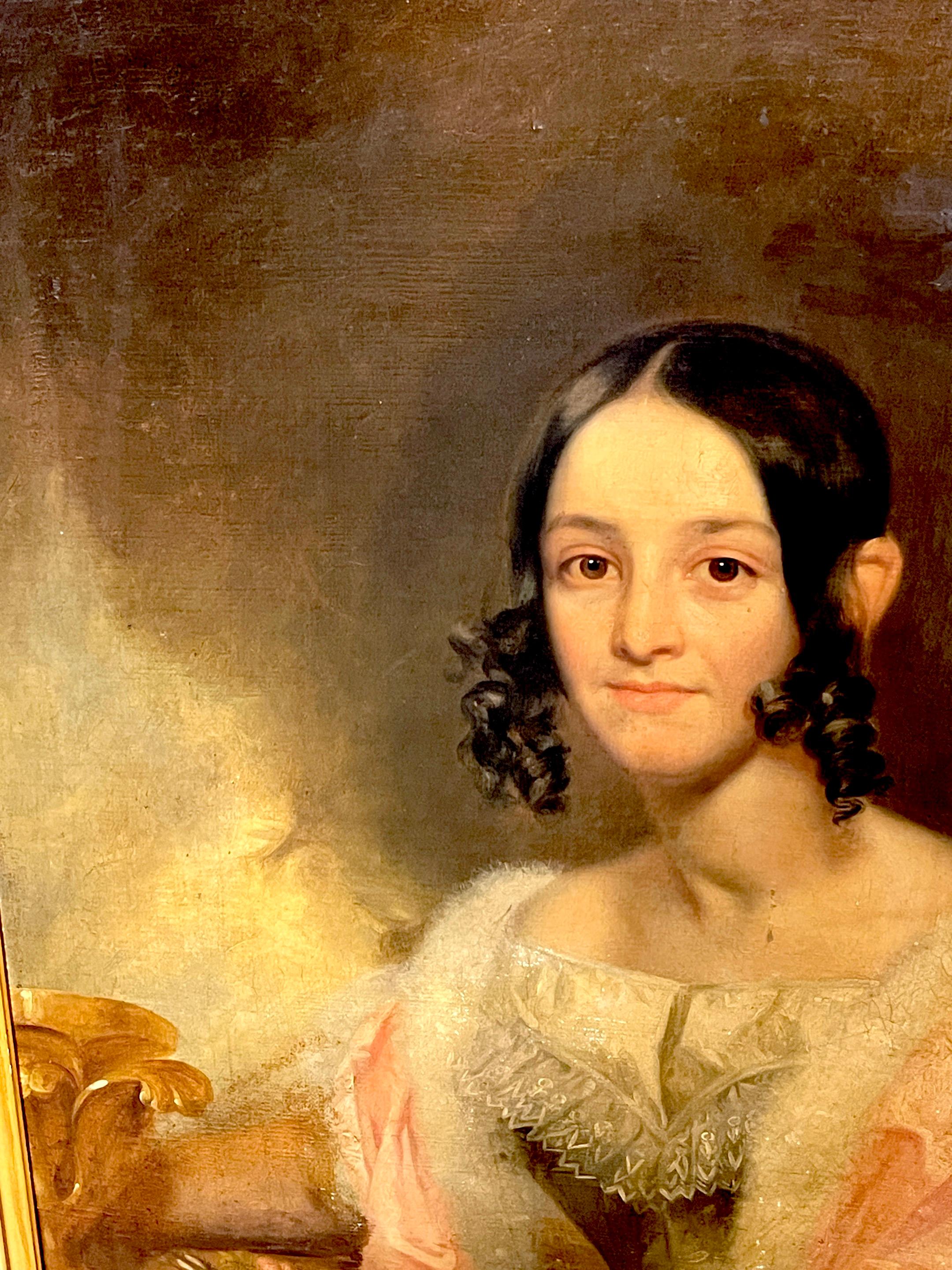 Amerikanisches Antebellum-Porträt einer Dame aus dem 19. Jahrhundert, Originalrahmen aus vergoldetem Holz (amerikanisch) im Angebot