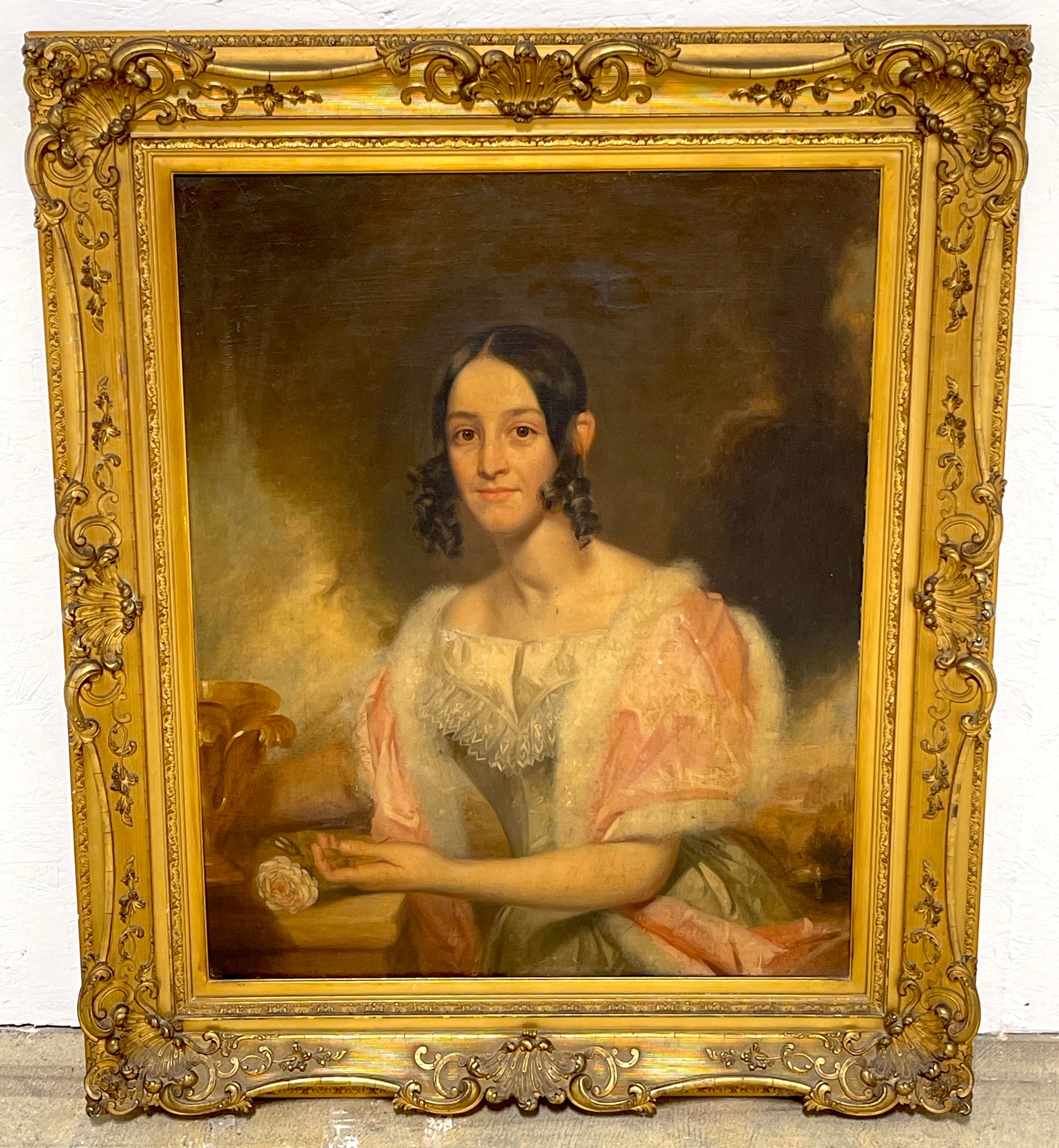 Amerikanisches Antebellum-Porträt einer Dame aus dem 19. Jahrhundert, Originalrahmen aus vergoldetem Holz (Leinwand) im Angebot