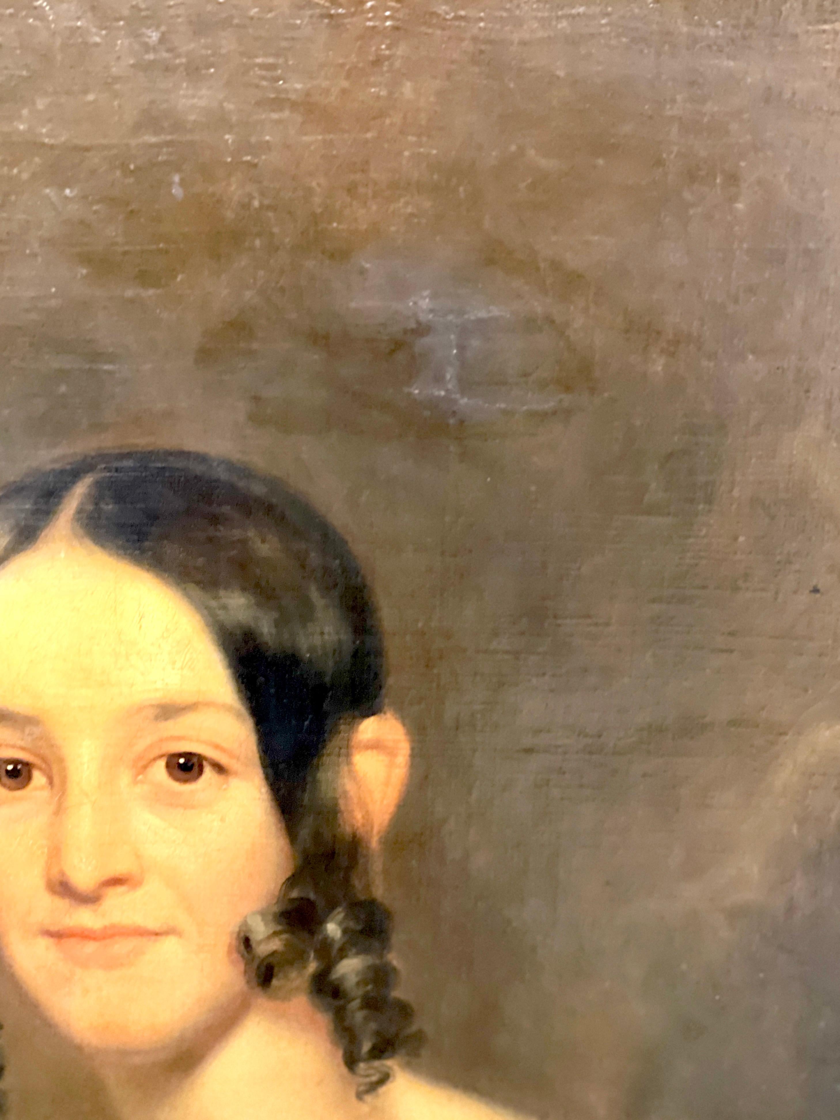 Amerikanisches Antebellum-Porträt einer Dame aus dem 19. Jahrhundert, Originalrahmen aus vergoldetem Holz im Angebot 2