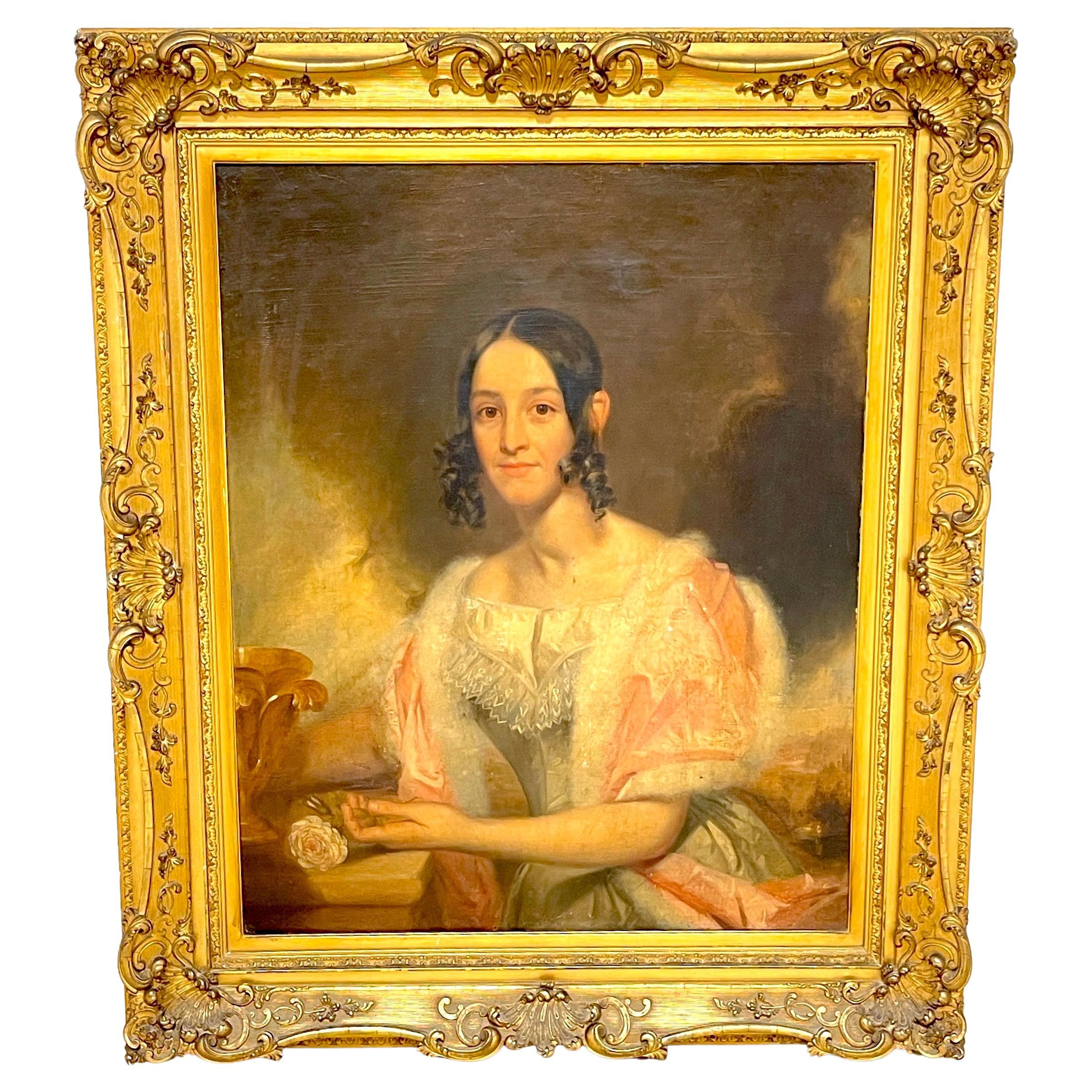 Portrait d'une femme d'avant la guerre de Sécession américaine du 19e siècle, cadre original en bois doré