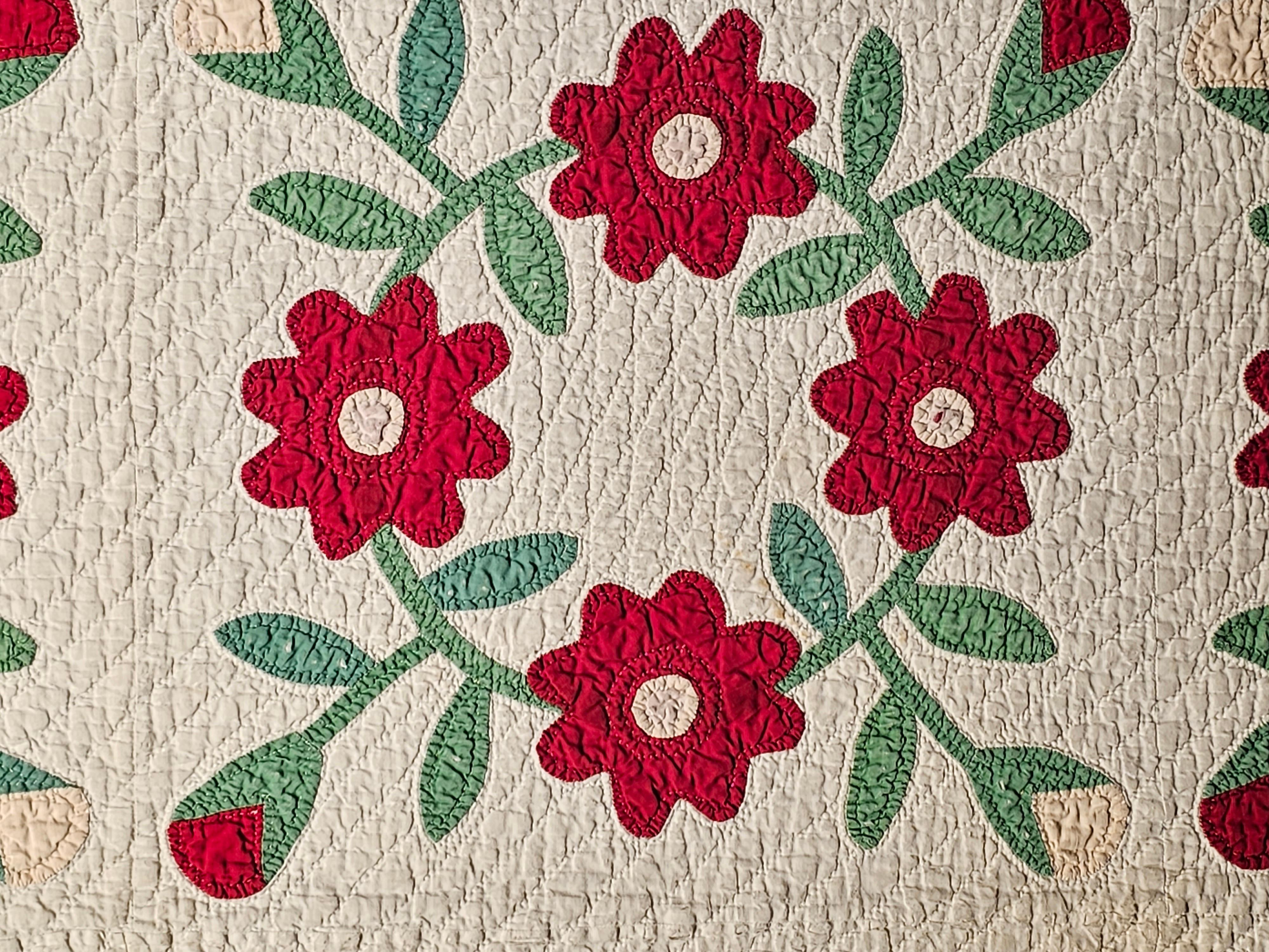 Cotton 19th Century American Applique Quilt in Floral Pattern from Pennsylvania For Sale