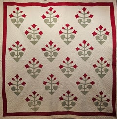 Antique 19th Century American Applique Quilt in Floral Pattern in Ivory, Red, and Green