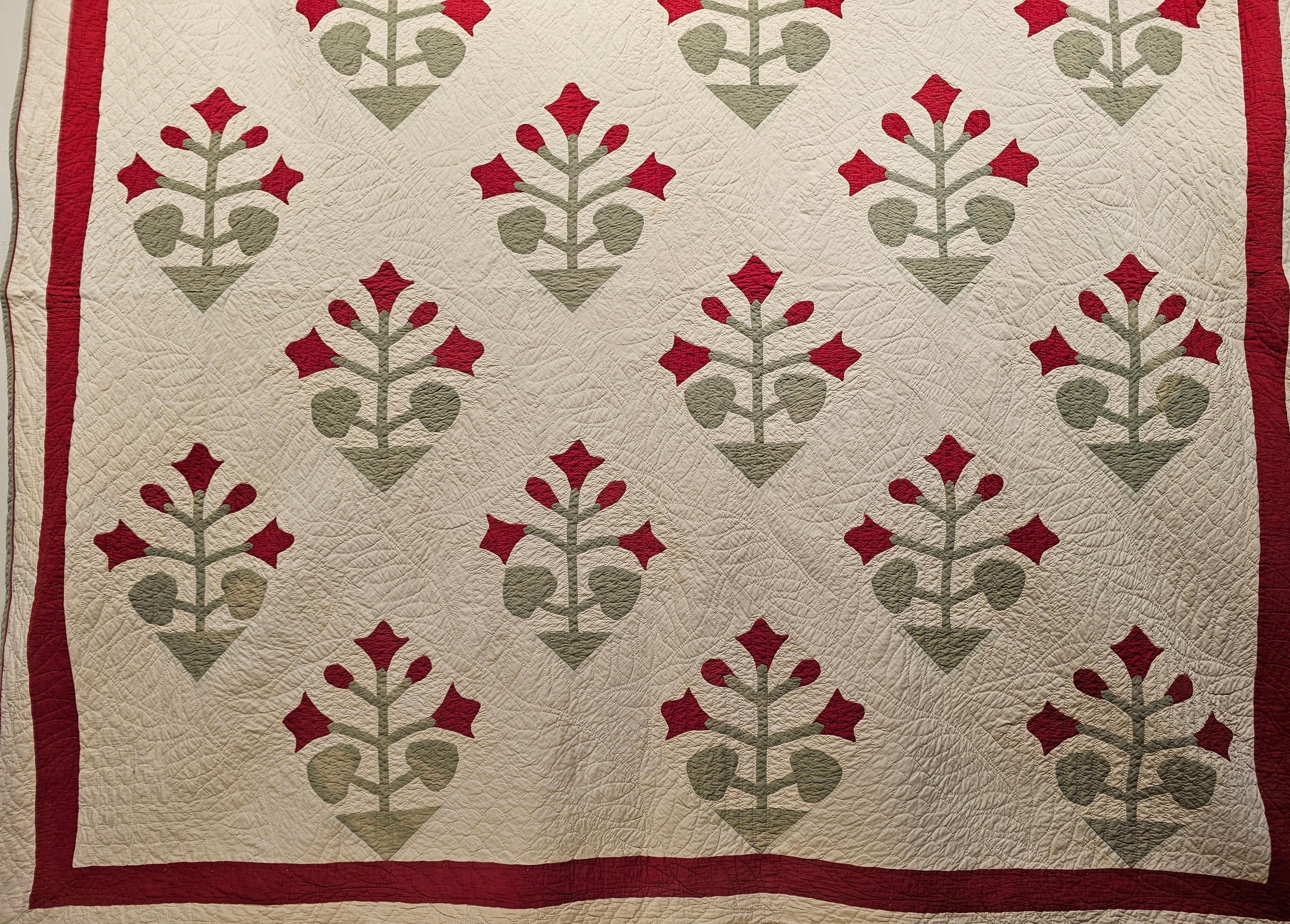 Cotton 19th Century American Applique Quilt in Floral Pattern in Ivory, Red, and Green