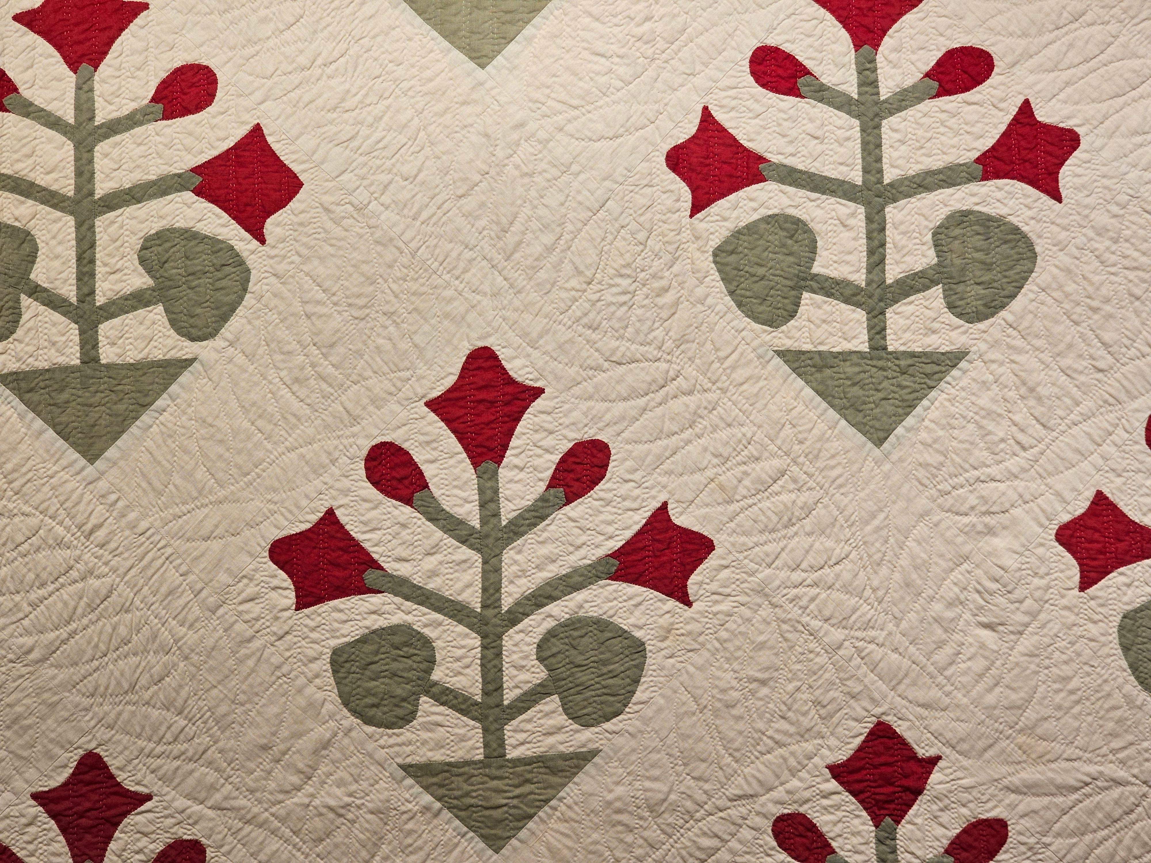 19th Century American Applique Quilt in Floral Pattern in Ivory, Red, and Green 1