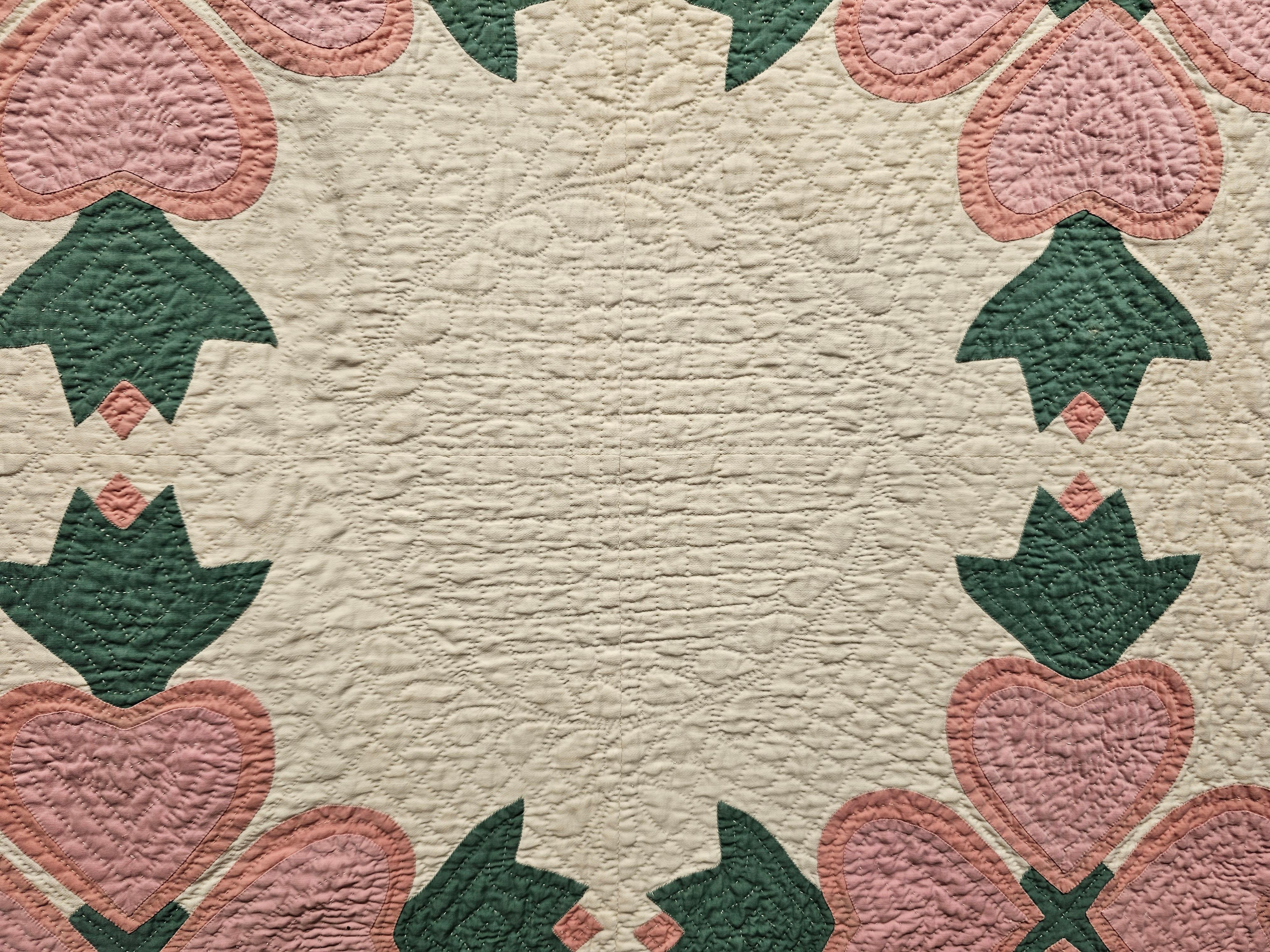 19th Century American Applique Quilt in Hearts and Tulips Pattern in Ivory, Pink For Sale 5