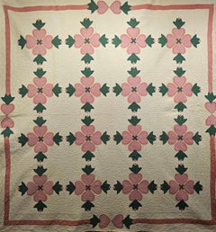 19th Century American Applique Quilt in Hearts and Tulips Pattern in Ivory, Pink