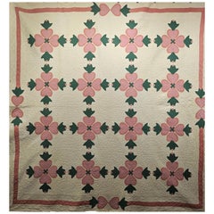 19th Century American Applique Quilt in Hearts and Tulips Pattern in Ivory, Pink
