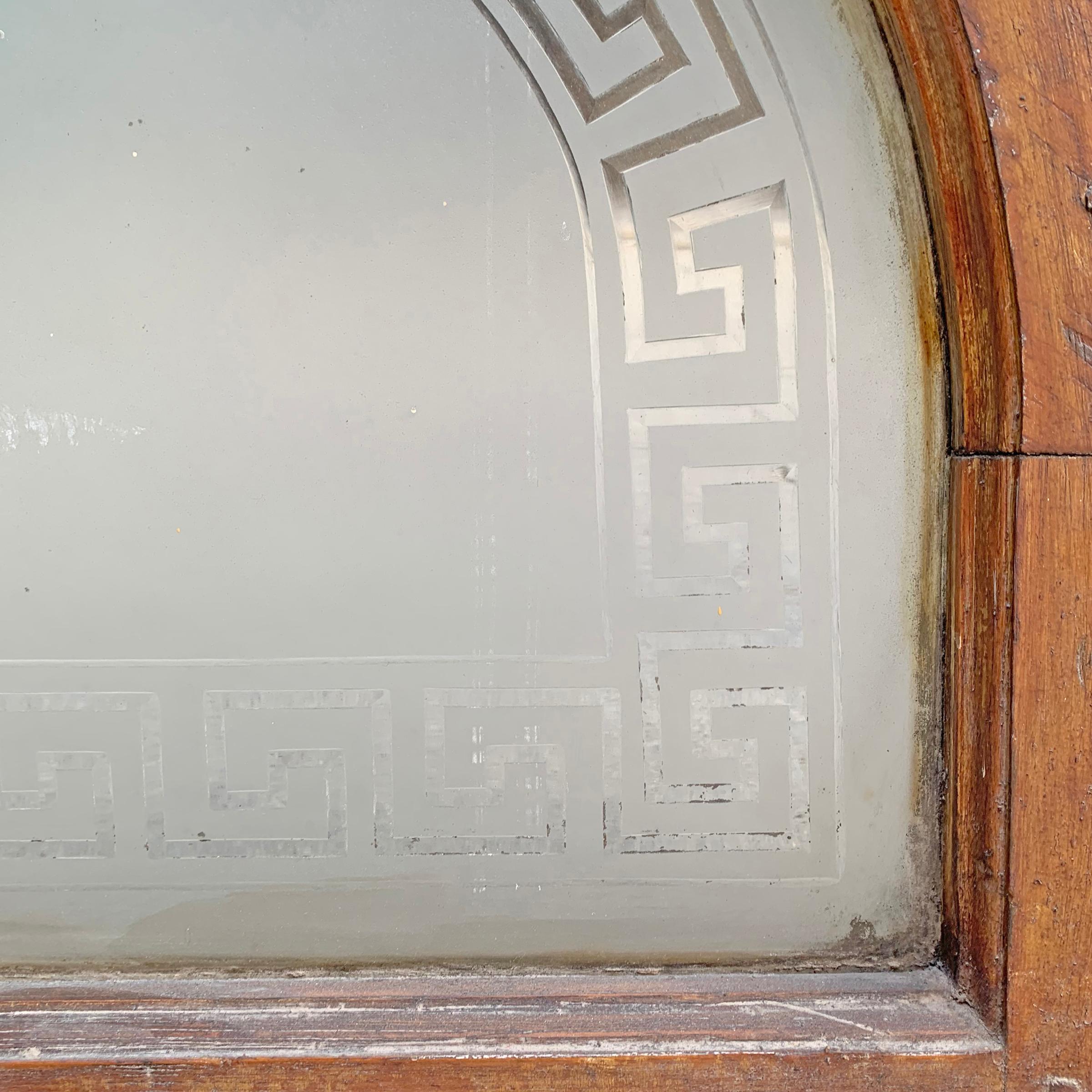 Glass 19th Century American Arch Top Greek Key Transom Window