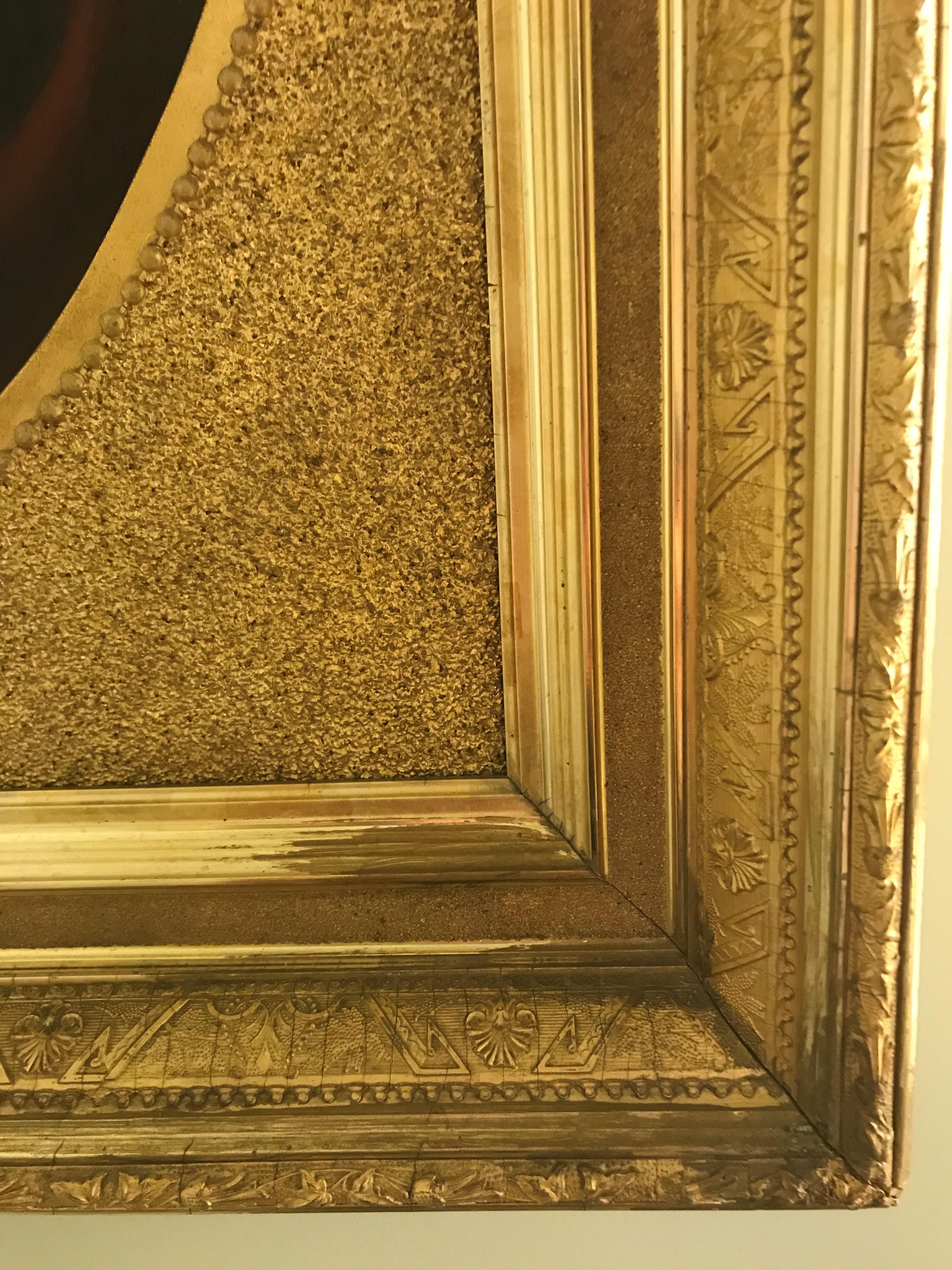 Original American portrait painting on canvas in ornate wood gilded frame. Painted in the Berkshires area of Massachusetts by L.H. Keeley in 1862. Video attached shows signature and date on back. Overall measurements are 32.25