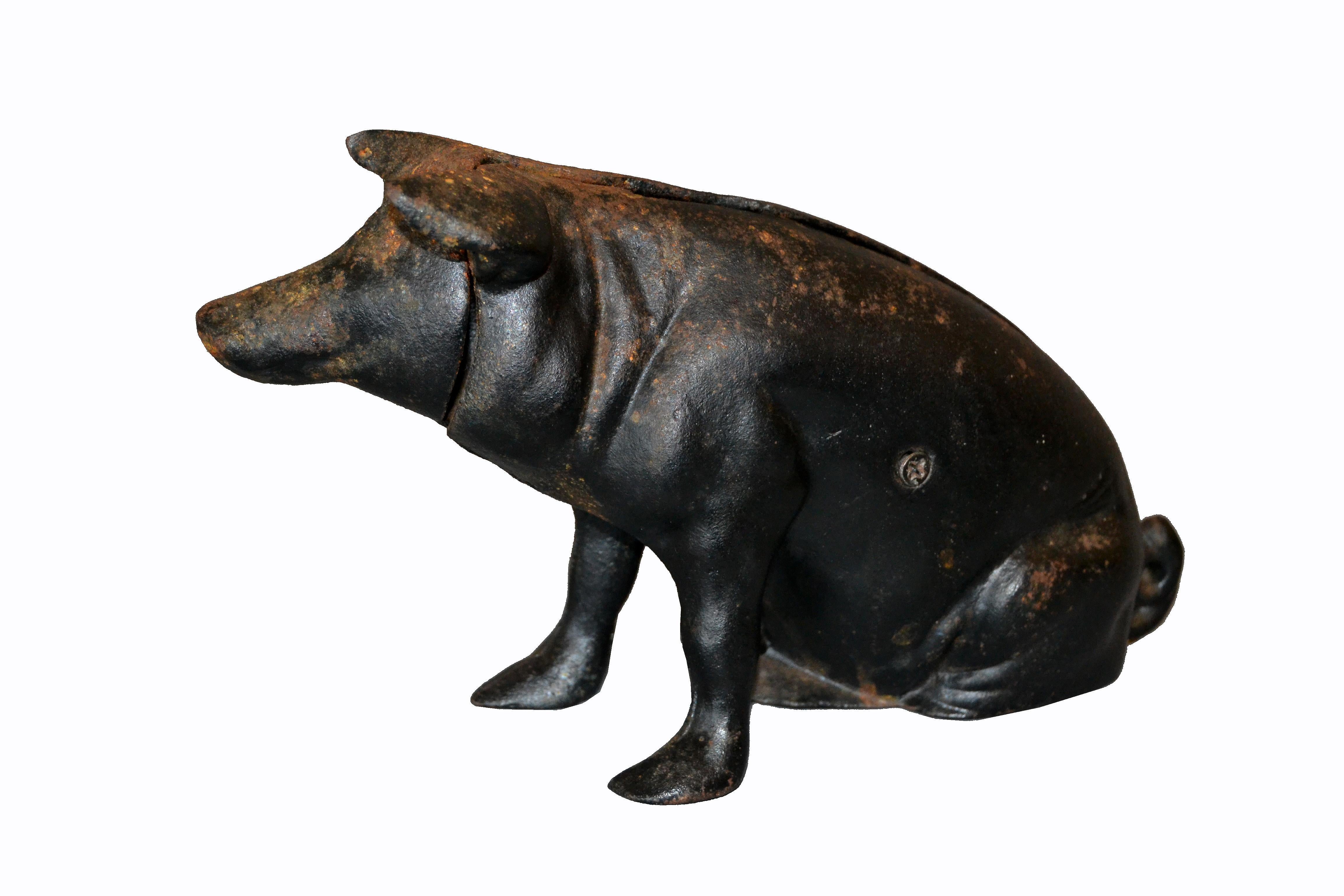 19th century American black cast iron piggy bank, money box, animal sculpture.
We left it intentionally in the distressed look to show its age.
It has visible signs of previous use that may include scratches, gouges, cracks, patina and worn