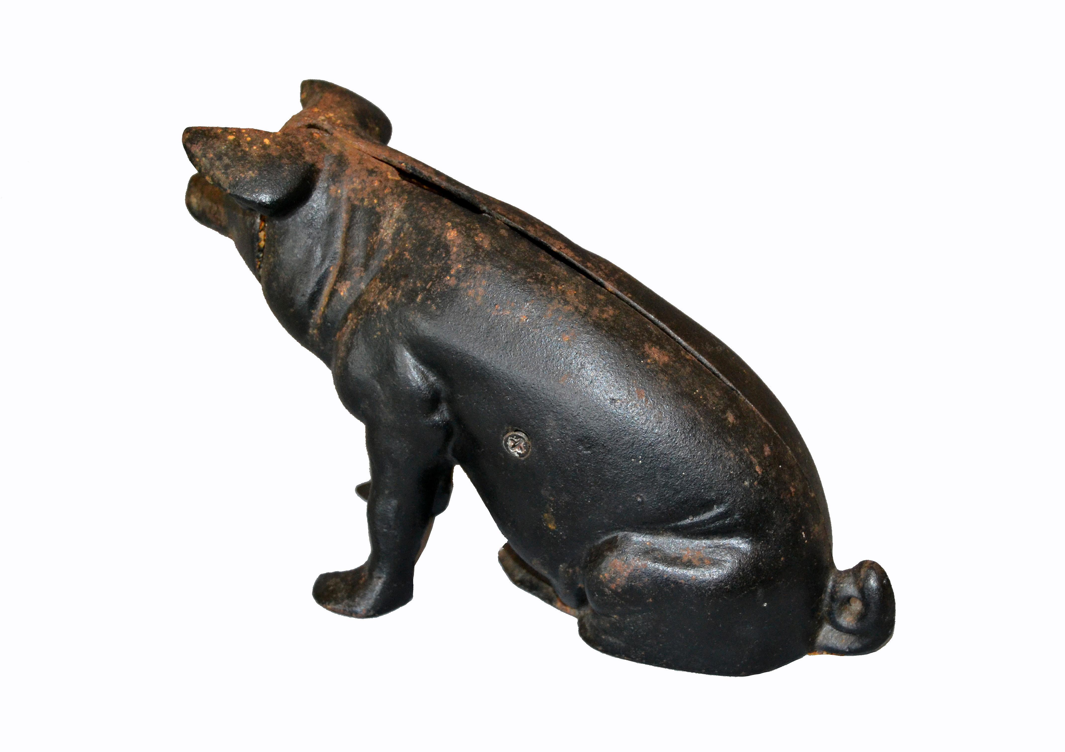 Amerikanische schwarze gusseiserne Piggy Bank Geldkasten-Tierskulptur, Tierskulptur, 19. Jahrhundert (Rustikal) im Angebot