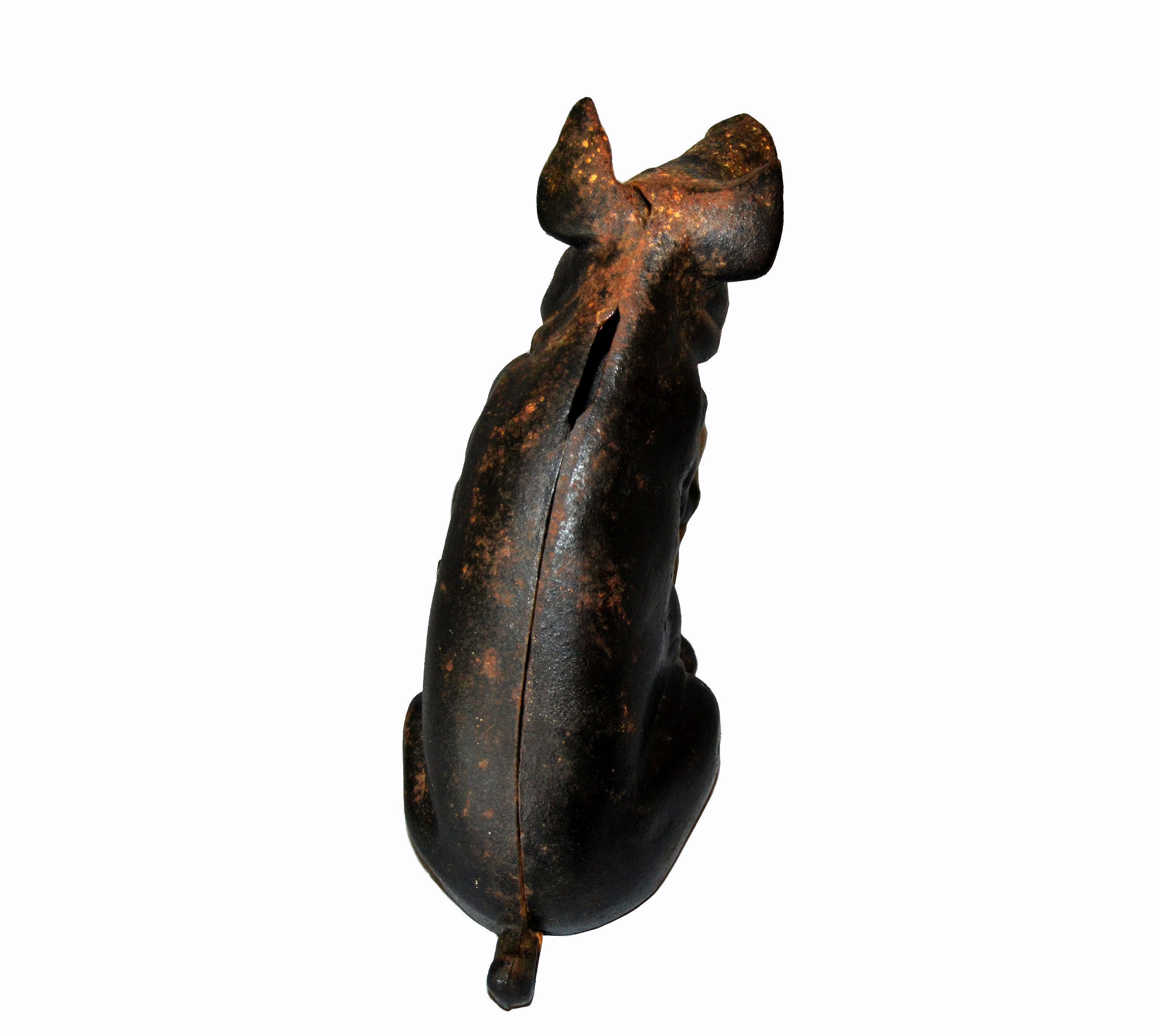 Rustic 19th Century American Black Cast Iron Piggy Bank Money Box Animal Sculpture For Sale