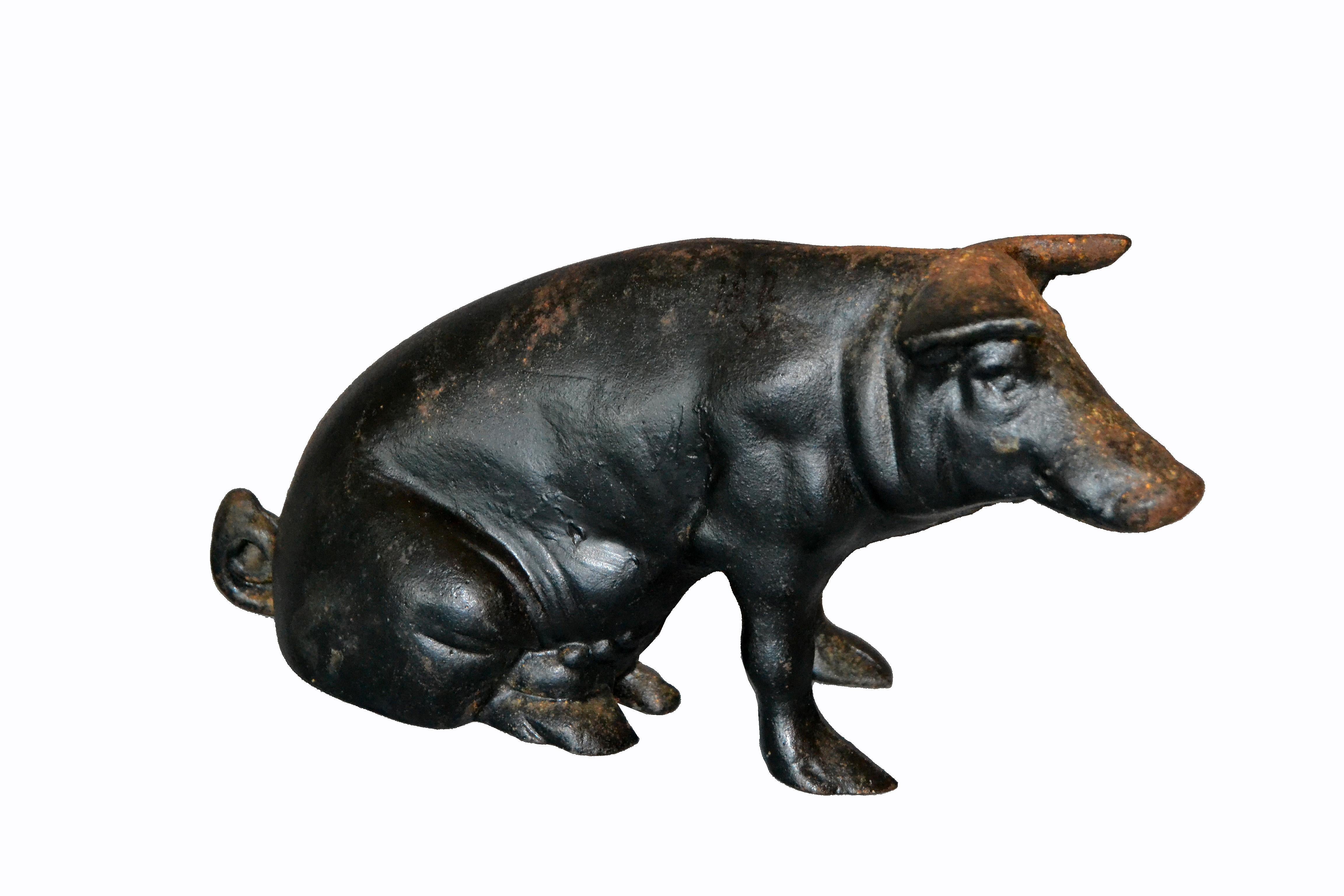 19th Century American Black Cast Iron Piggy Bank Money Box Animal Sculpture For Sale 1