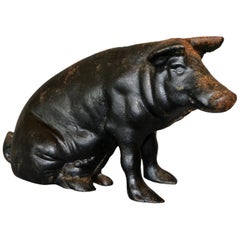 19th Century American Black Cast Iron Piggy Bank, Money Box, Animal Sculpture
