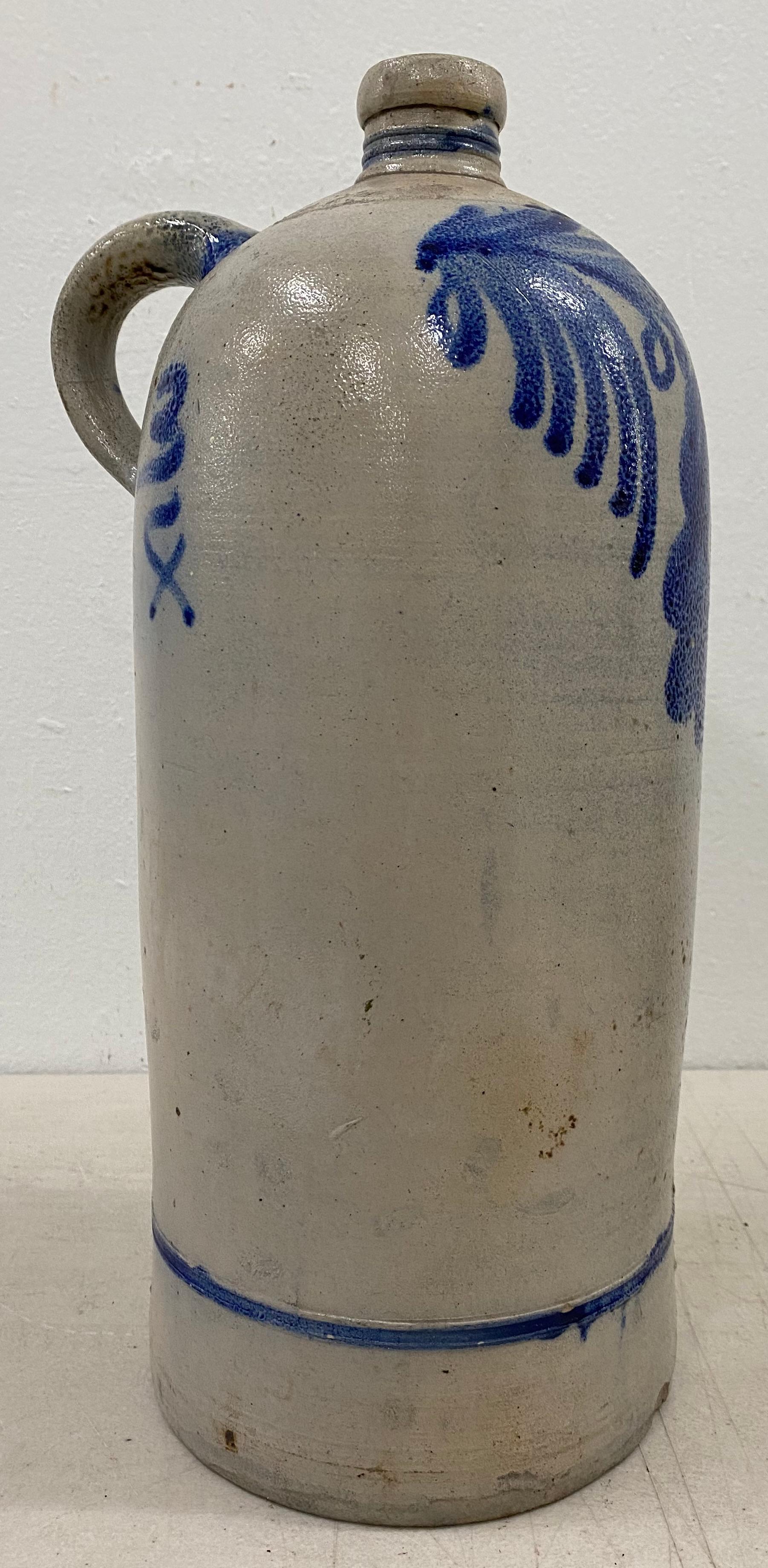 Hand-Painted 19th Century American Blue Paint Decorated Stoneware Jug W/ Handle