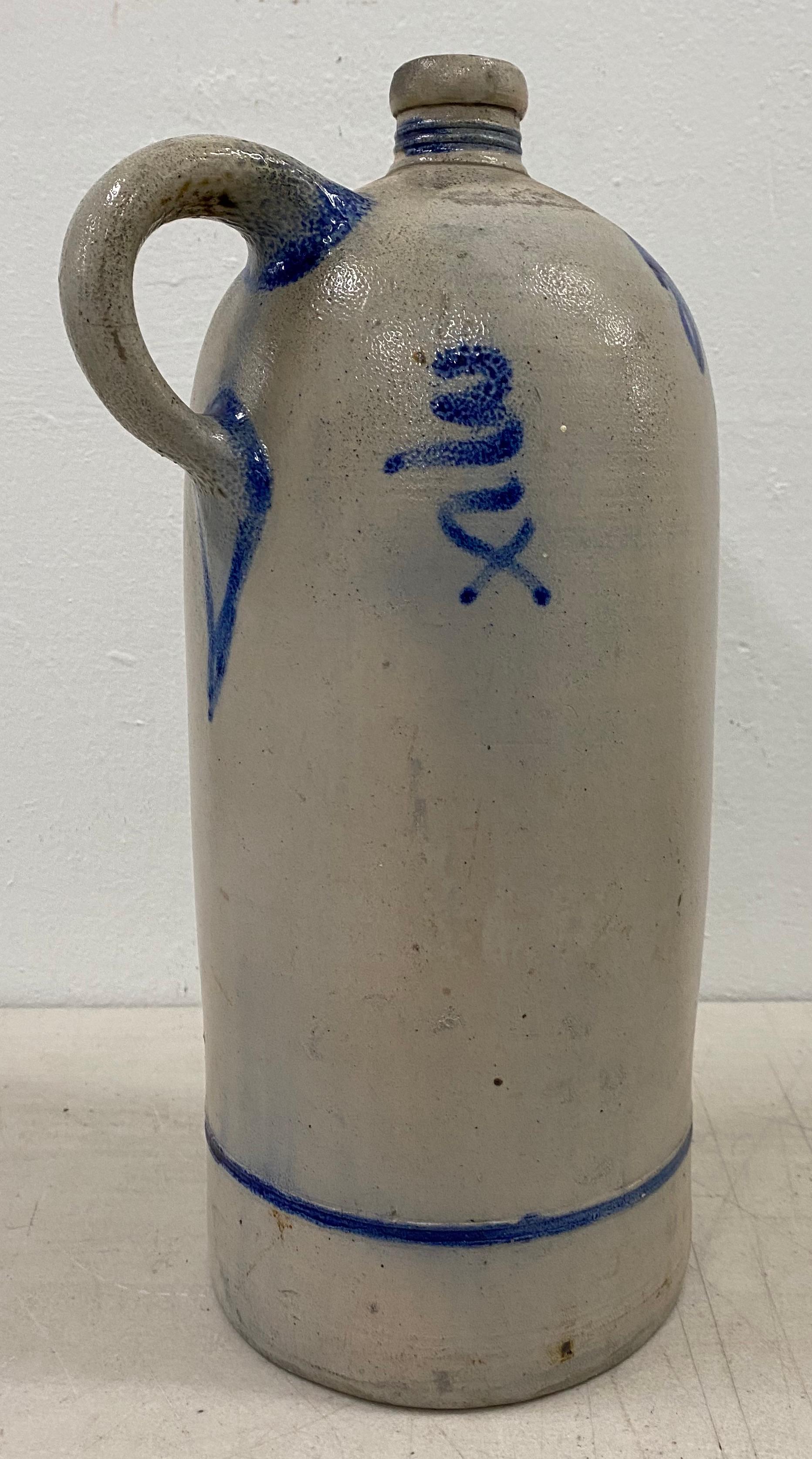 19th Century American Blue Paint Decorated Stoneware Jug W/ Handle In Good Condition In San Francisco, CA