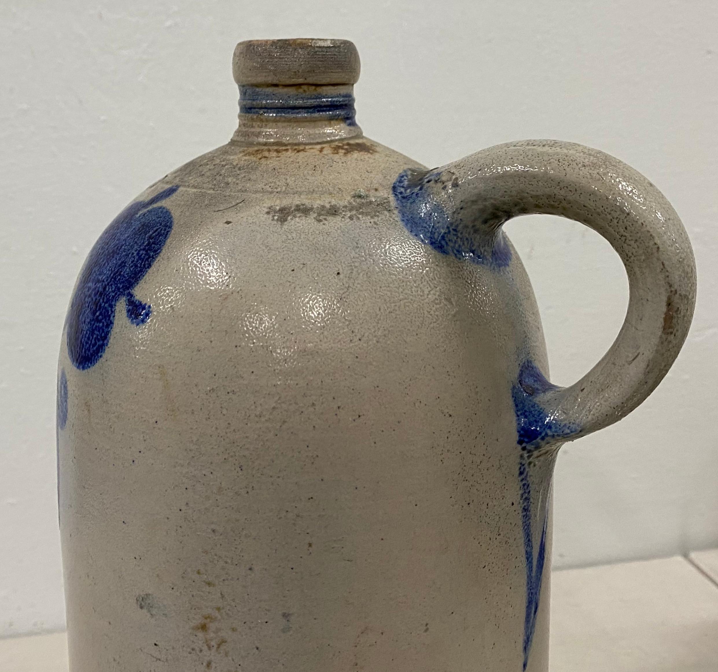 19th Century American Blue Paint Decorated Stoneware Jug W/ Handle 2