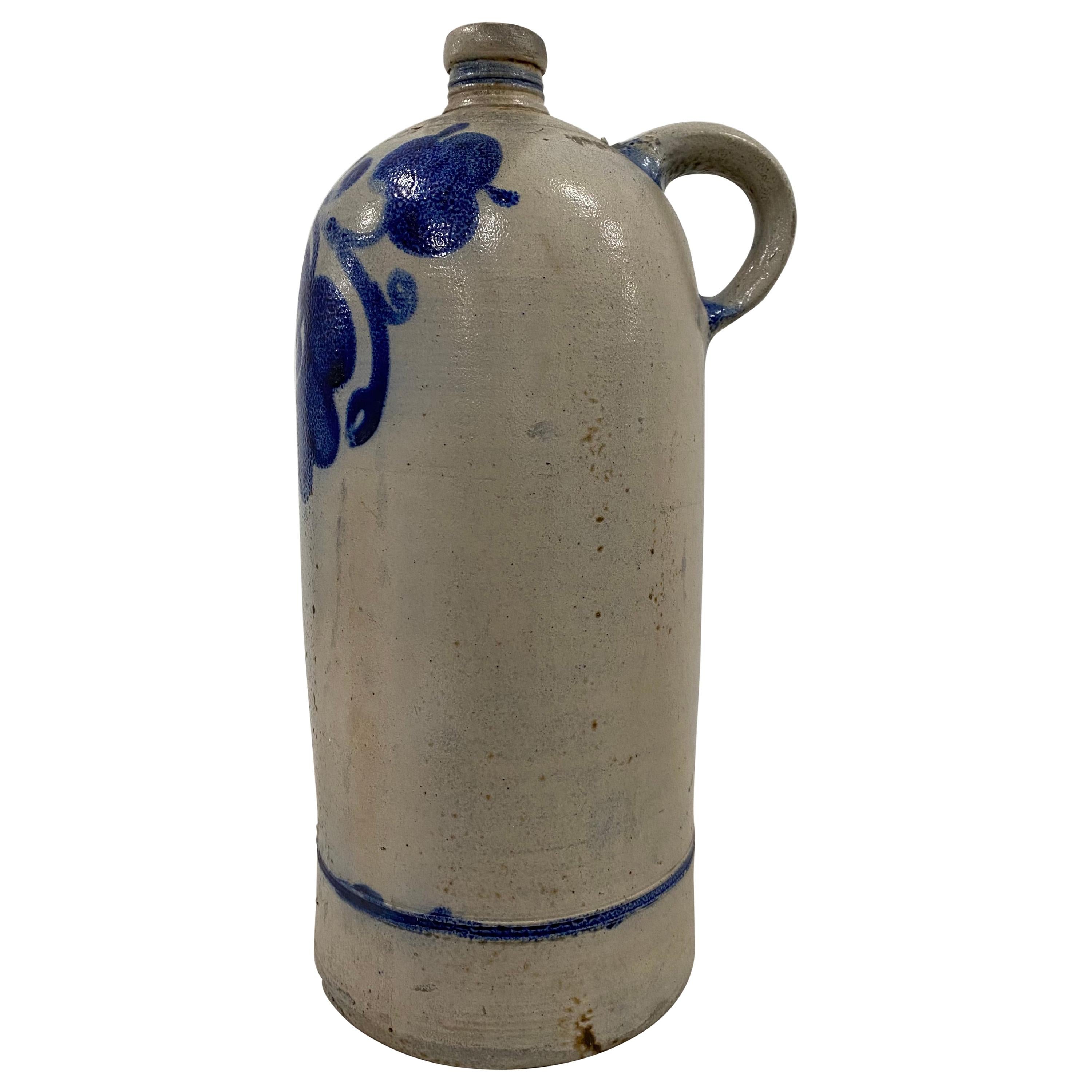 19th Century American Blue Paint Decorated Stoneware Jug W/ Handle