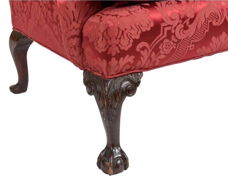 19th Century American Carved Claw and Ball Foot Easy Chair Upholstered