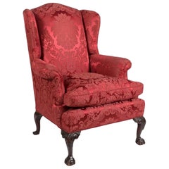 19th Century American Carved Claw and Ball Foot Easy Chair Upholstered in Silk