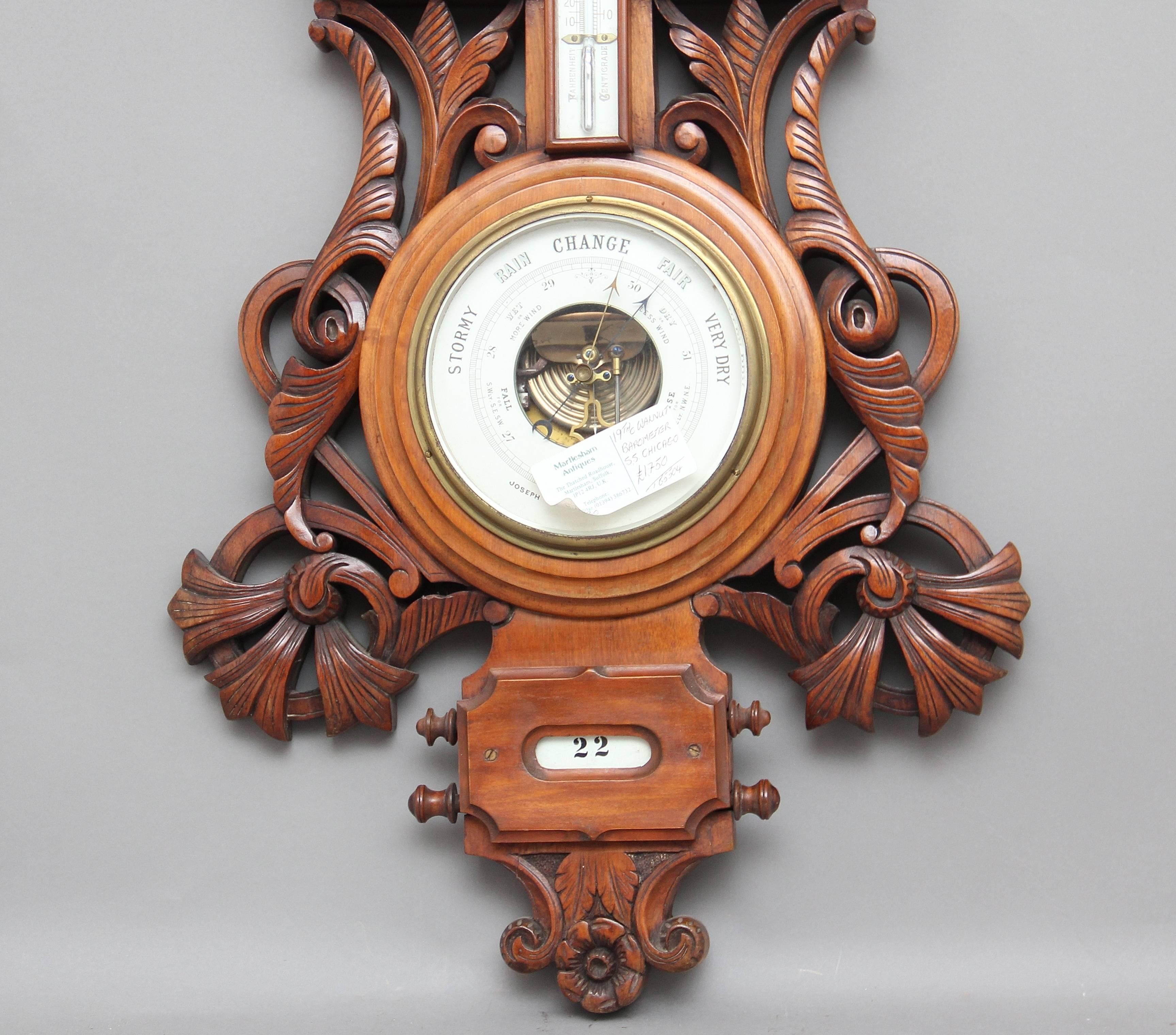 A lovely quality 19th century American carved walnut barometer, marked at the top with “SS city of Chicago, Inman steam ship Company” not only working as a barometer but also including a thermometer, clock and compartments showing the day, date and