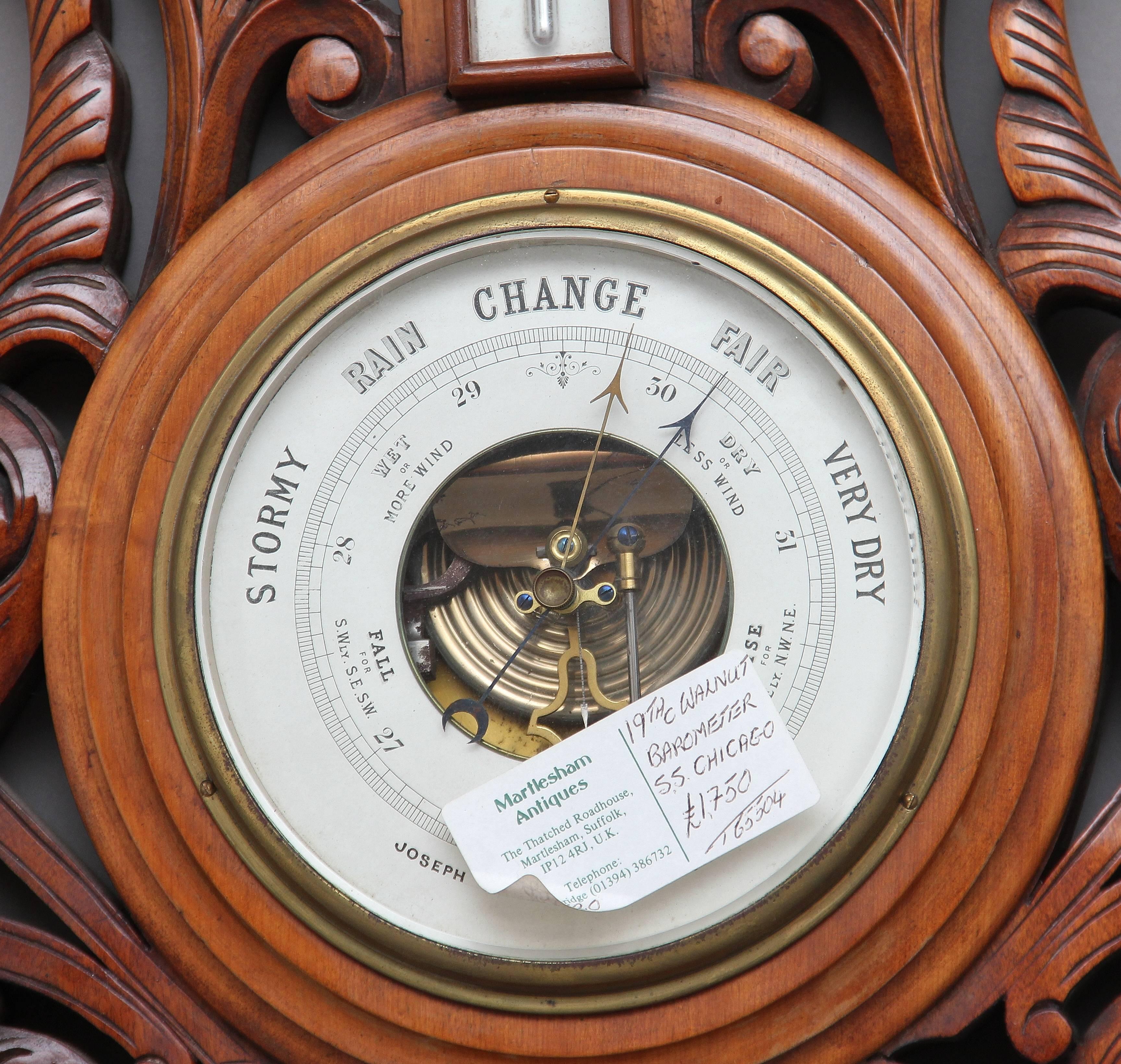 19th Century American Carved Walnut Barometer In Good Condition For Sale In Martlesham, GB