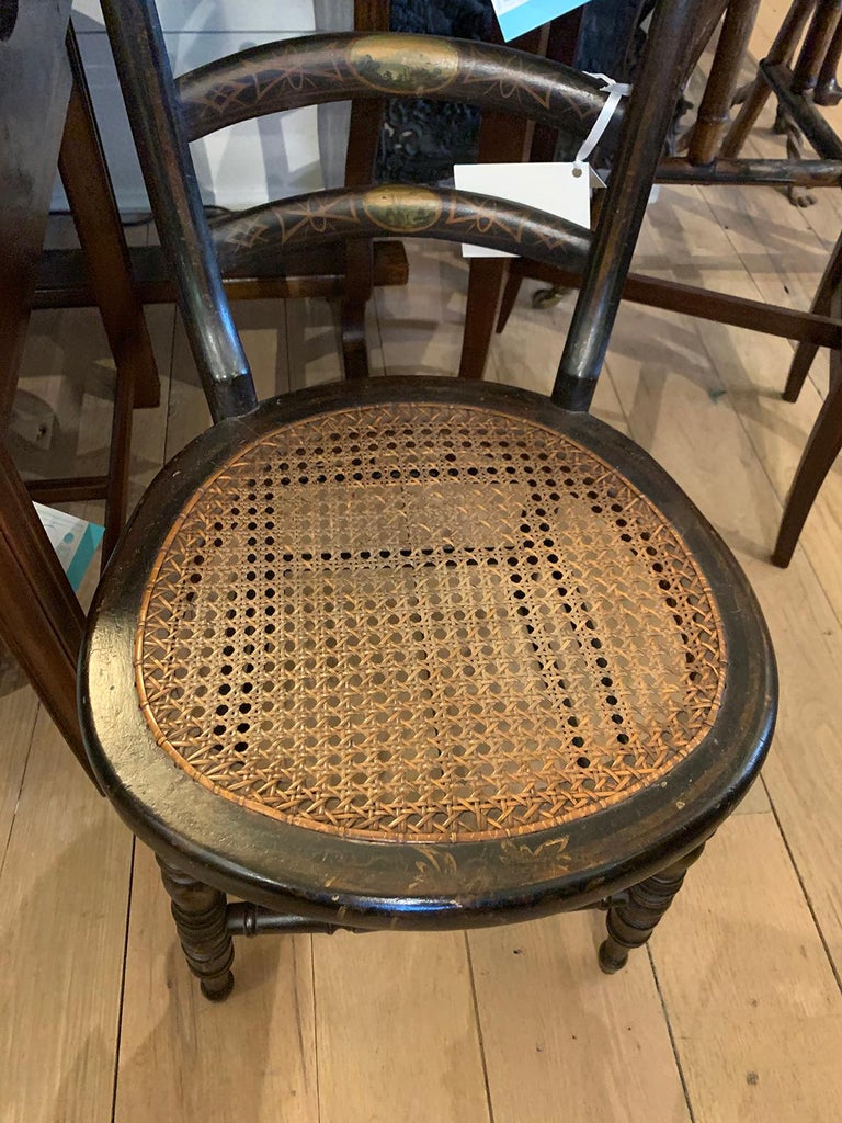 19th Century American Child's Chair Cane Seat, Painted Scenes, Original