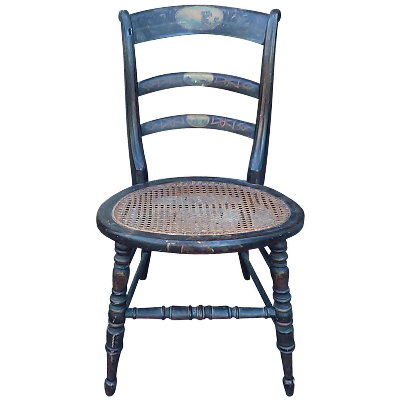 19th Century American Child's Chair Cane Seat, Painted Scenes, Original Paint For Sale