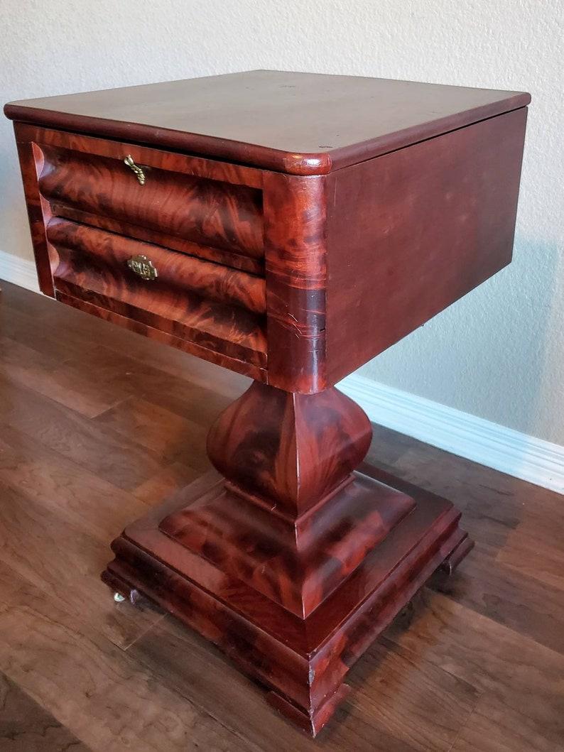 Marquetry Early American Classical Empire Period Flame Mahogany Sewing Stand Work Table For Sale