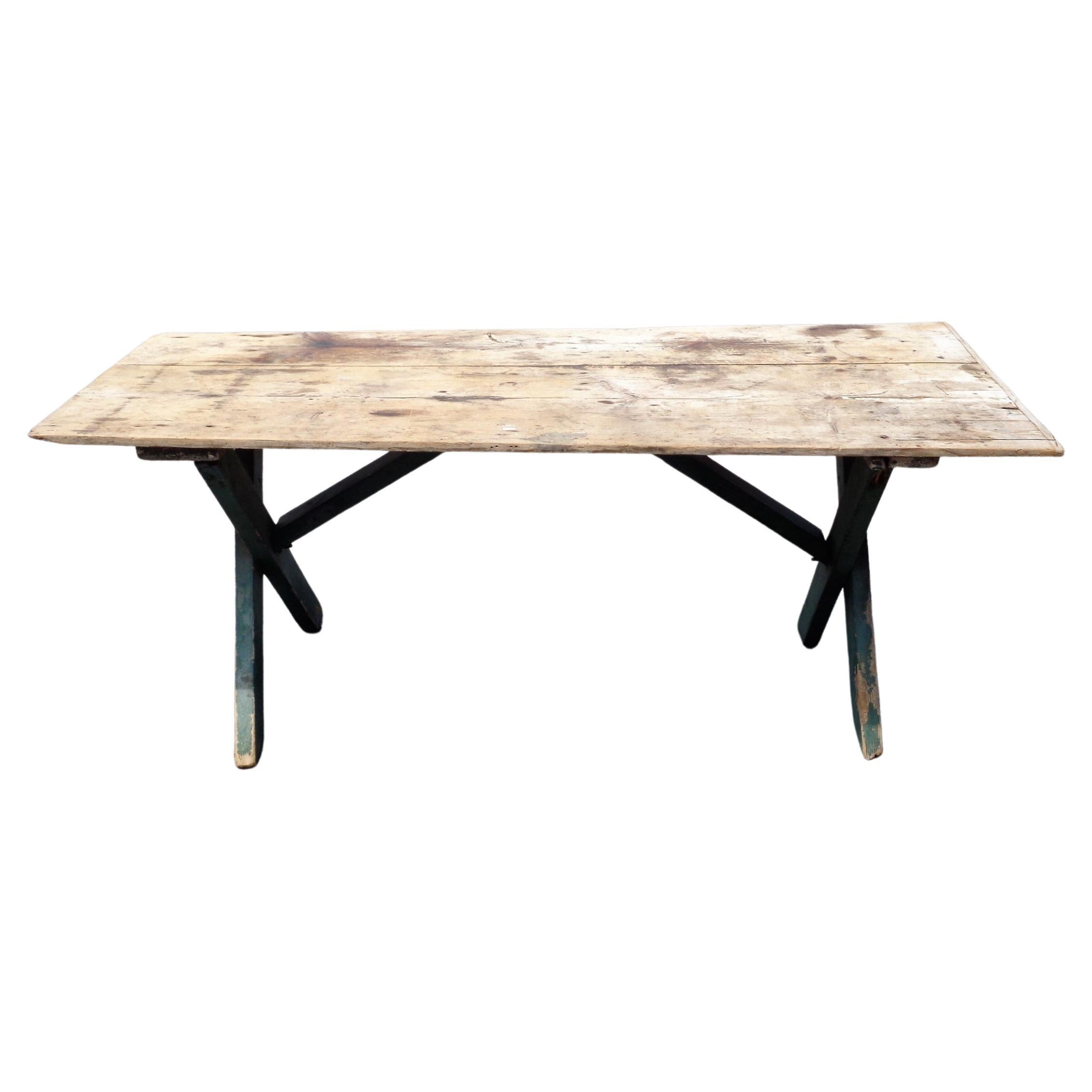 Hand-Crafted 19th Century American Country Sawbuck Dining Table Original Paint For Sale