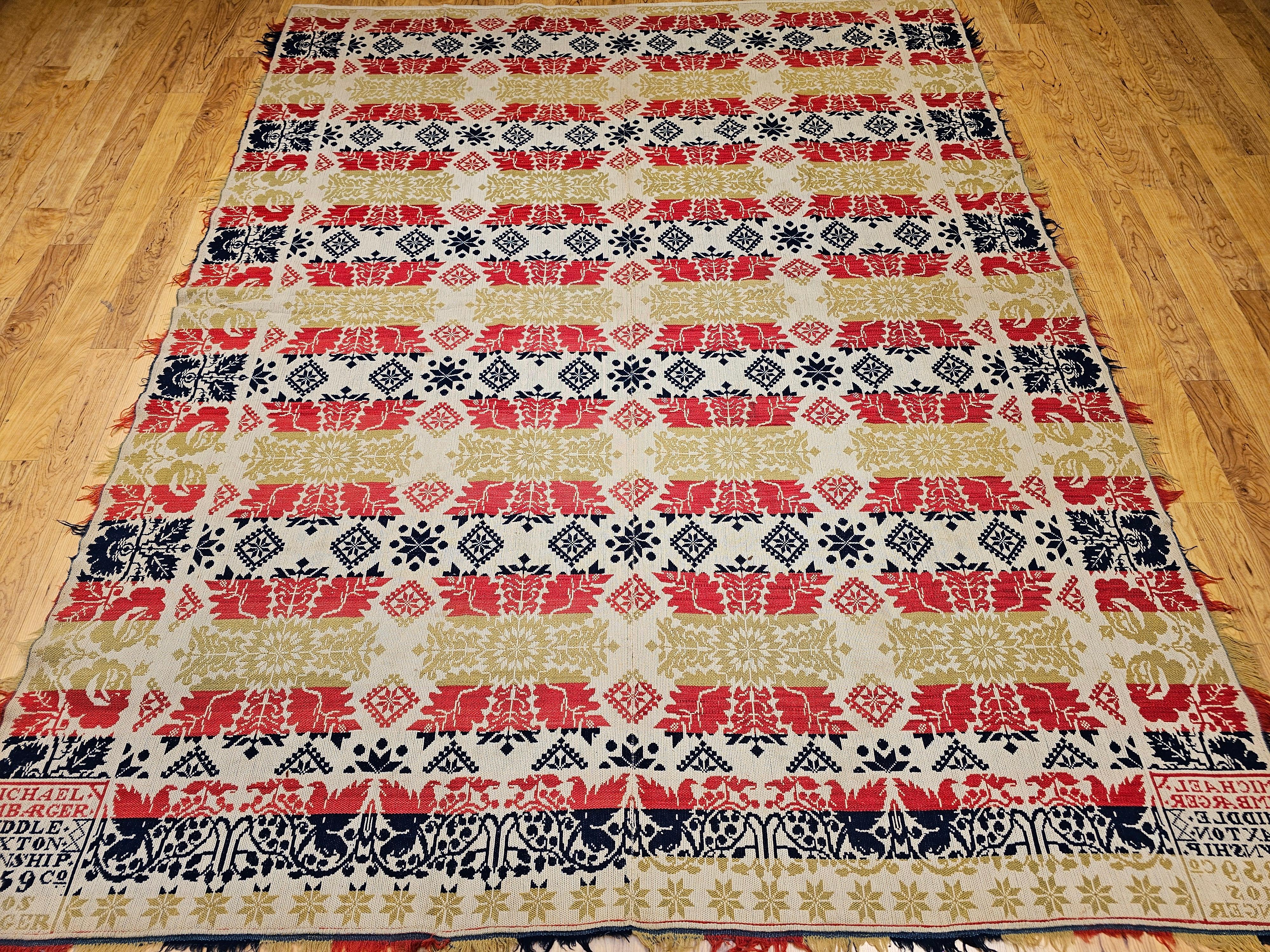 Vierfarbiges amerikanisches Jacquard-Deckel aus der Mitte des 19. Jahrhunderts (Handgefertigt) im Angebot