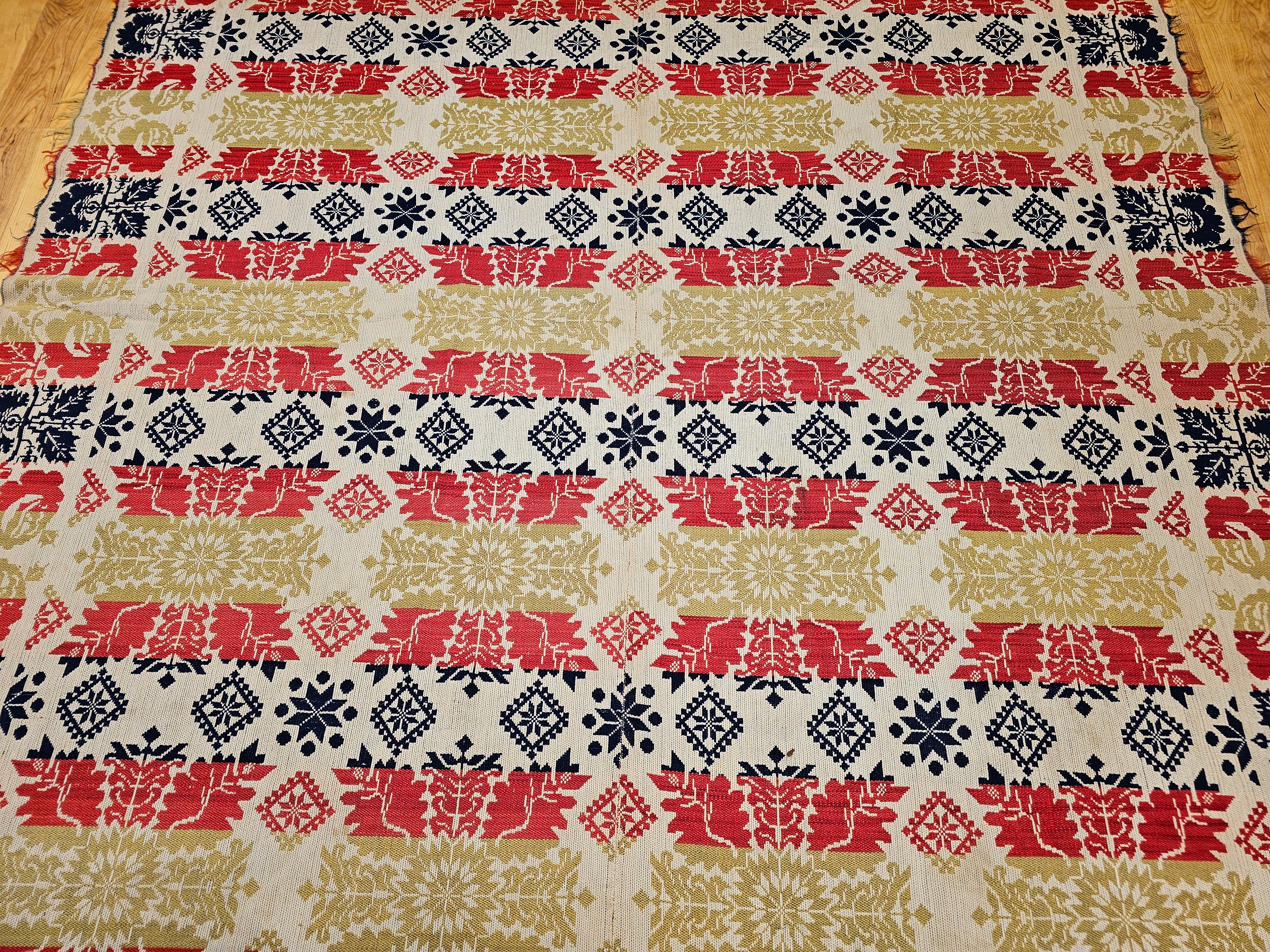 Vierfarbiges amerikanisches Jacquard-Deckel aus der Mitte des 19. Jahrhunderts (Wolle) im Angebot