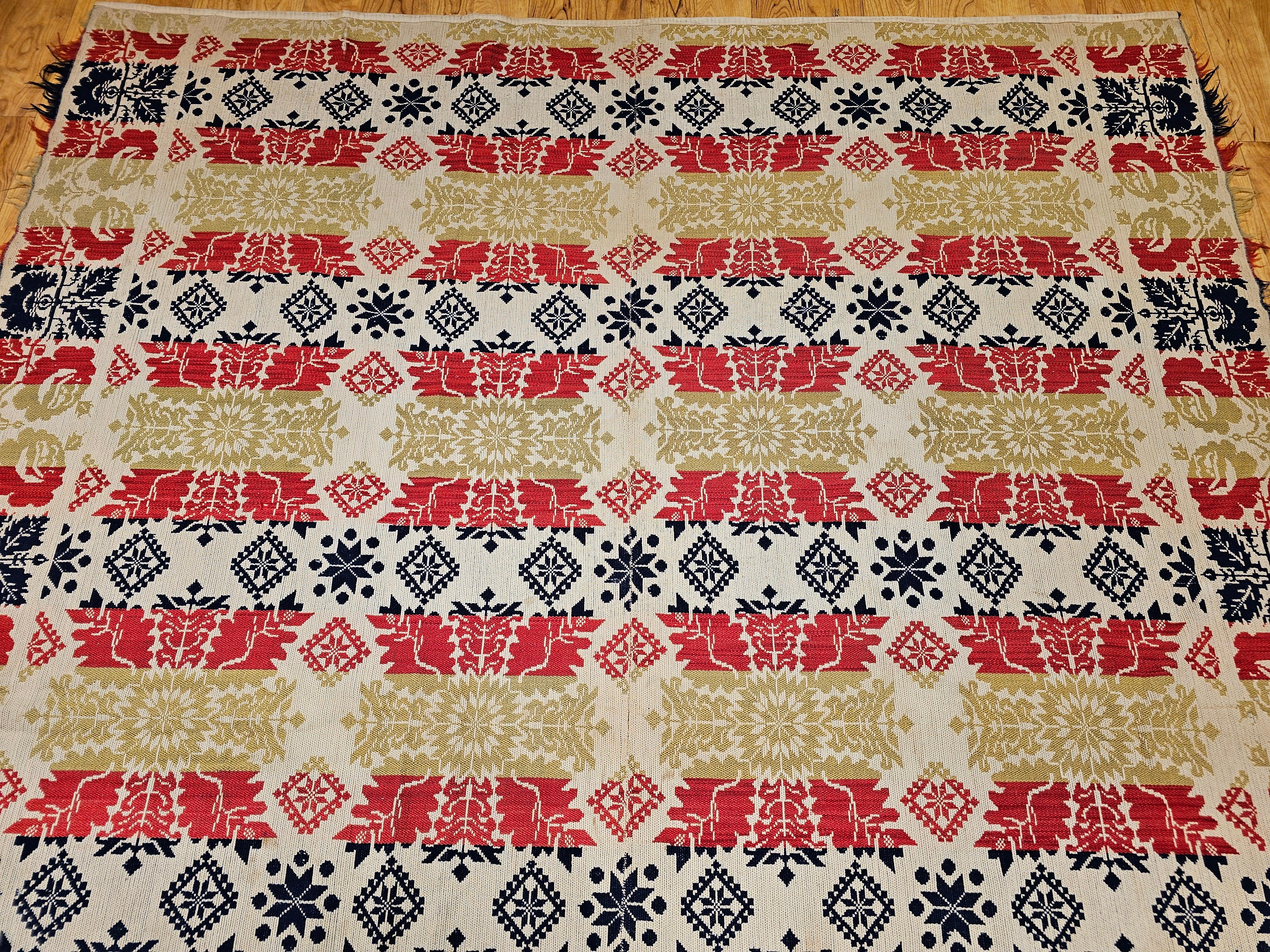 Vierfarbiges amerikanisches Jacquard-Deckel aus der Mitte des 19. Jahrhunderts im Angebot 1
