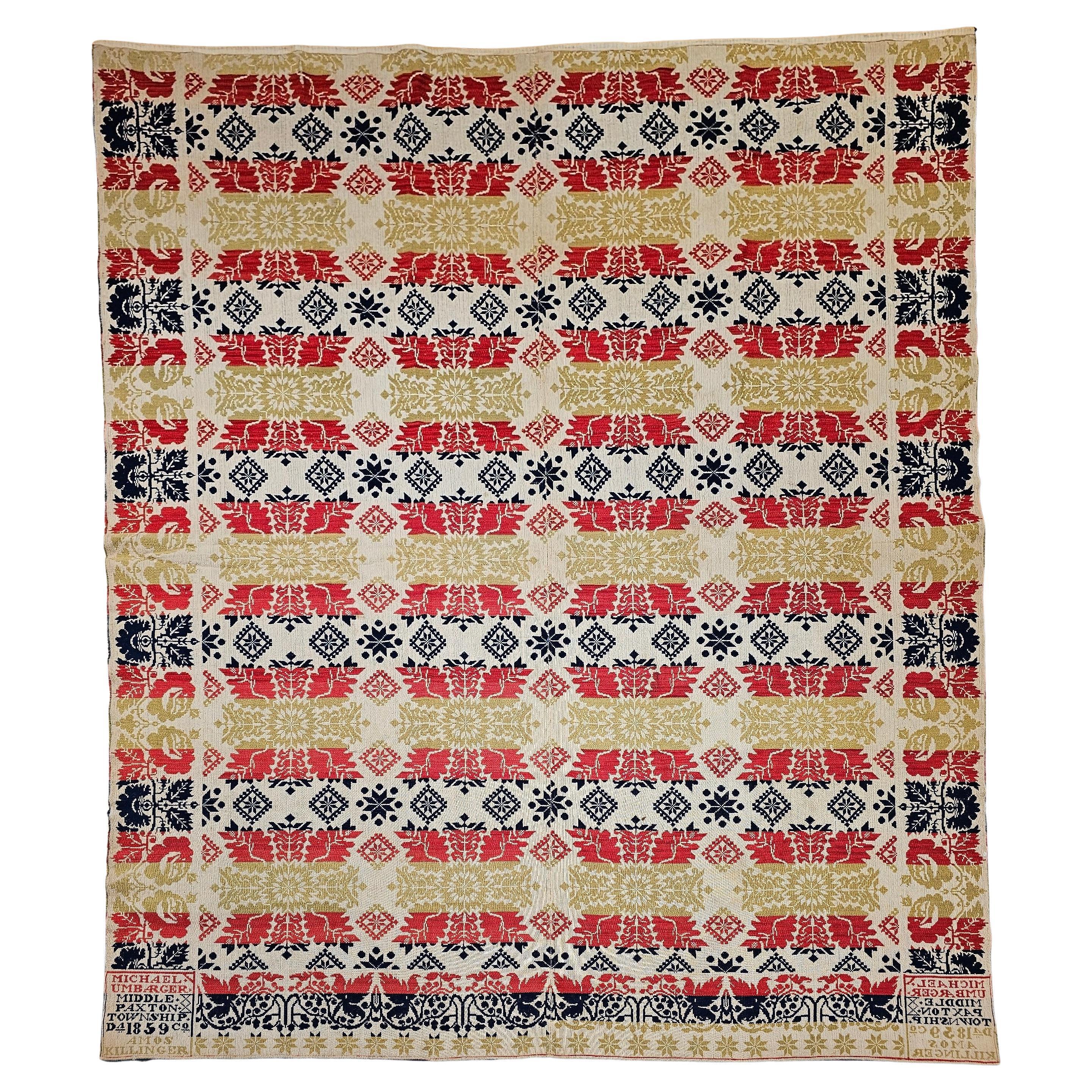 Mid-19th Century Four-Color American Jacquard Coverlet