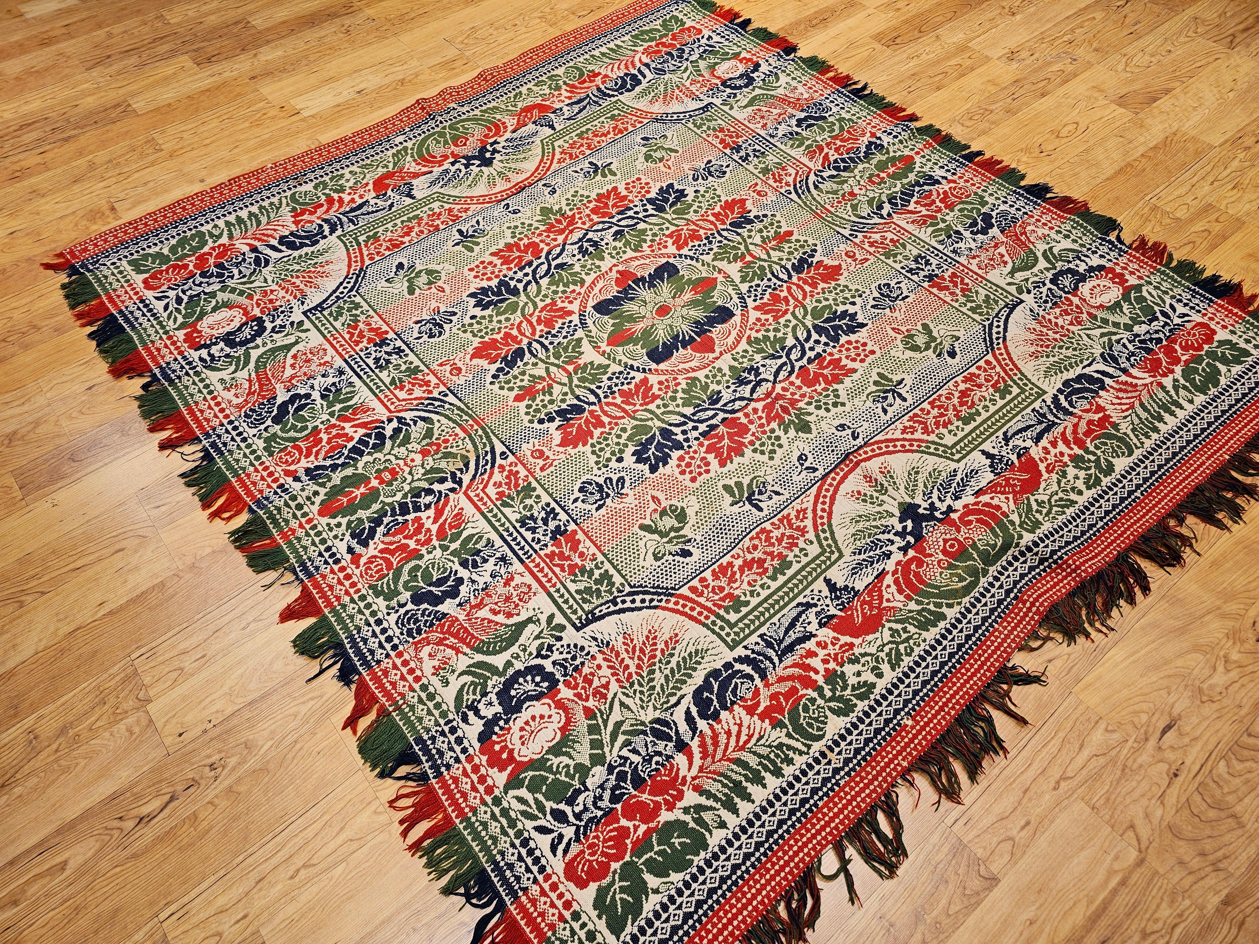 Mid-19th Century American Jacquard Coverlet with Floral & Bird Design For Sale 7