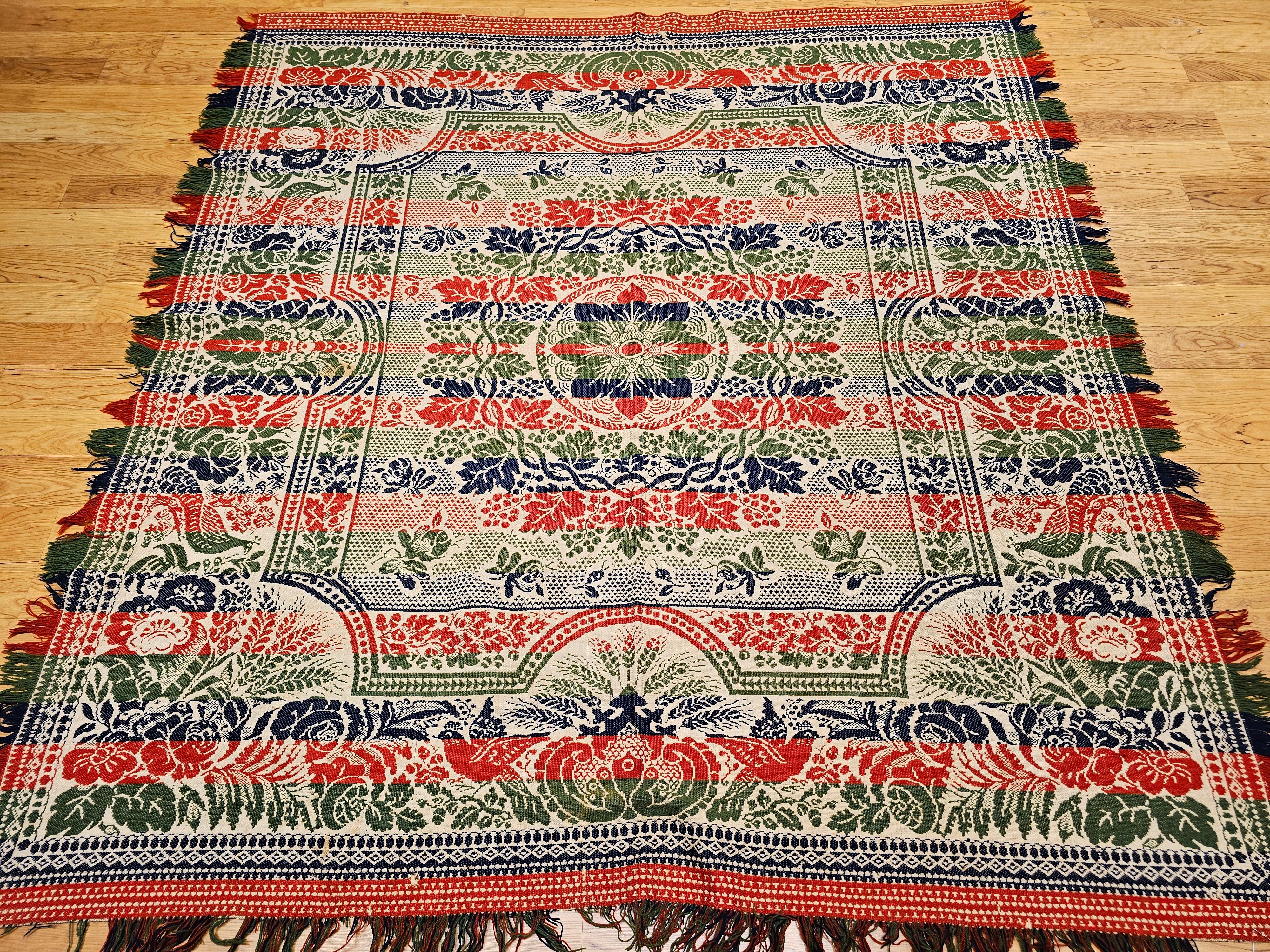 Mid-19th Century American Jacquard Coverlet with Floral & Bird Design For Sale 8