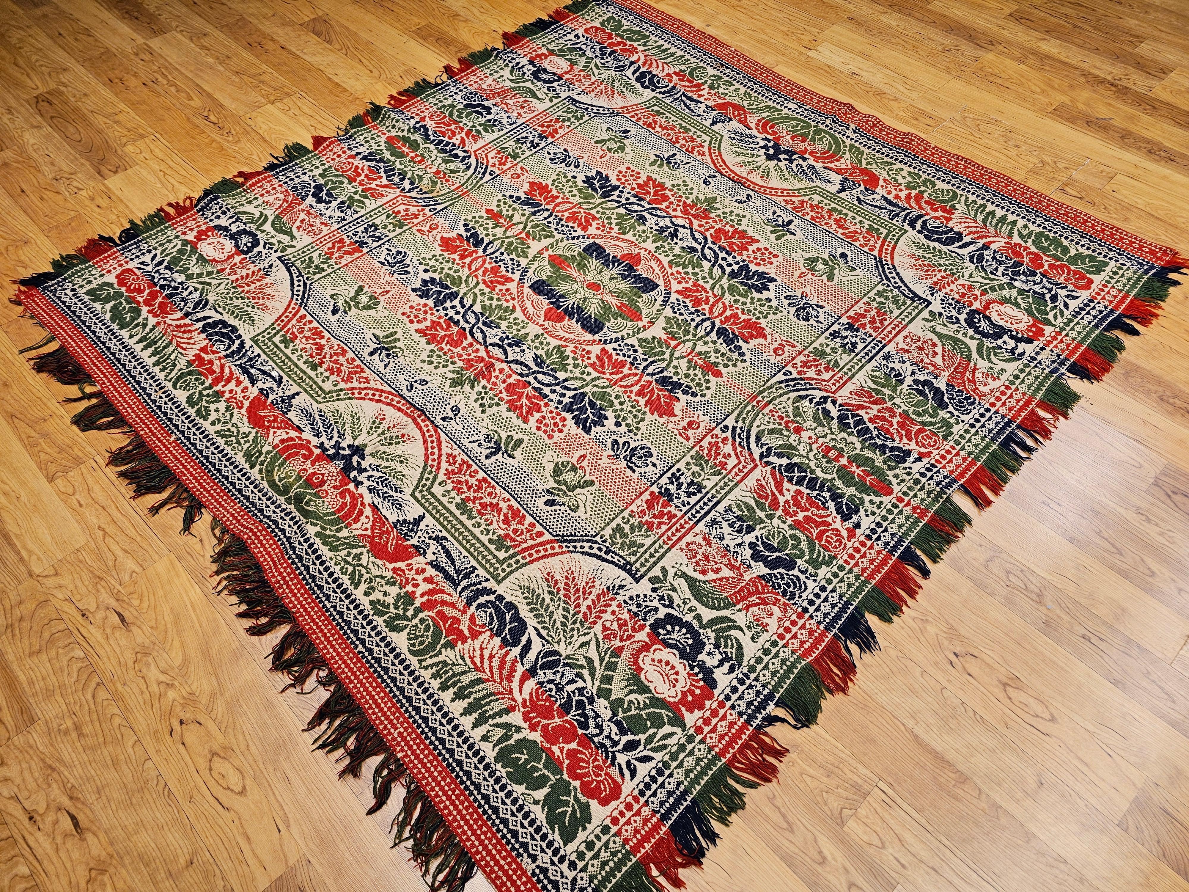 Mid-19th Century American Jacquard Coverlet with Floral & Bird Design For Sale 9
