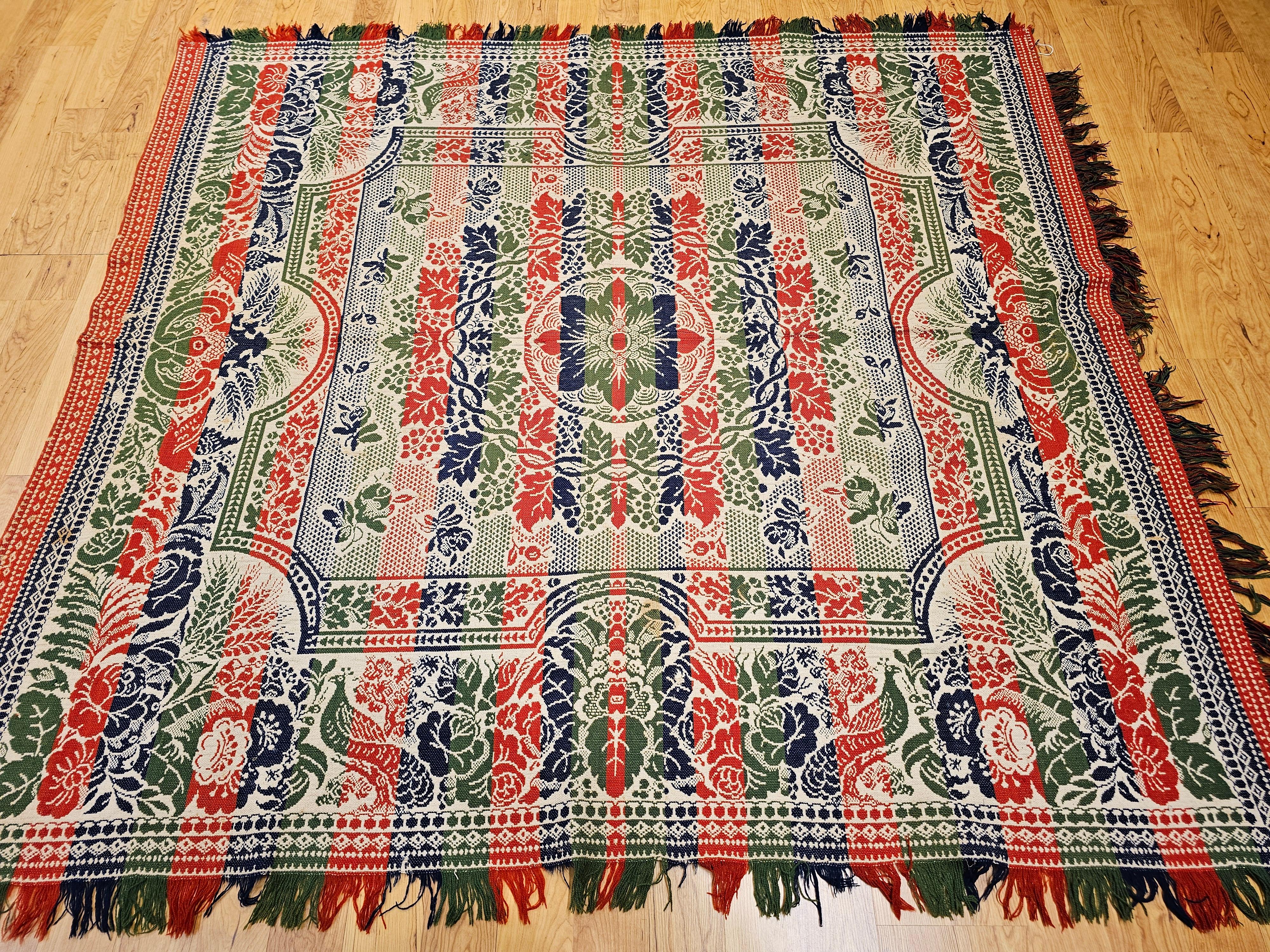 Mid-19th Century American Jacquard Coverlet with Floral & Bird Design For Sale 10