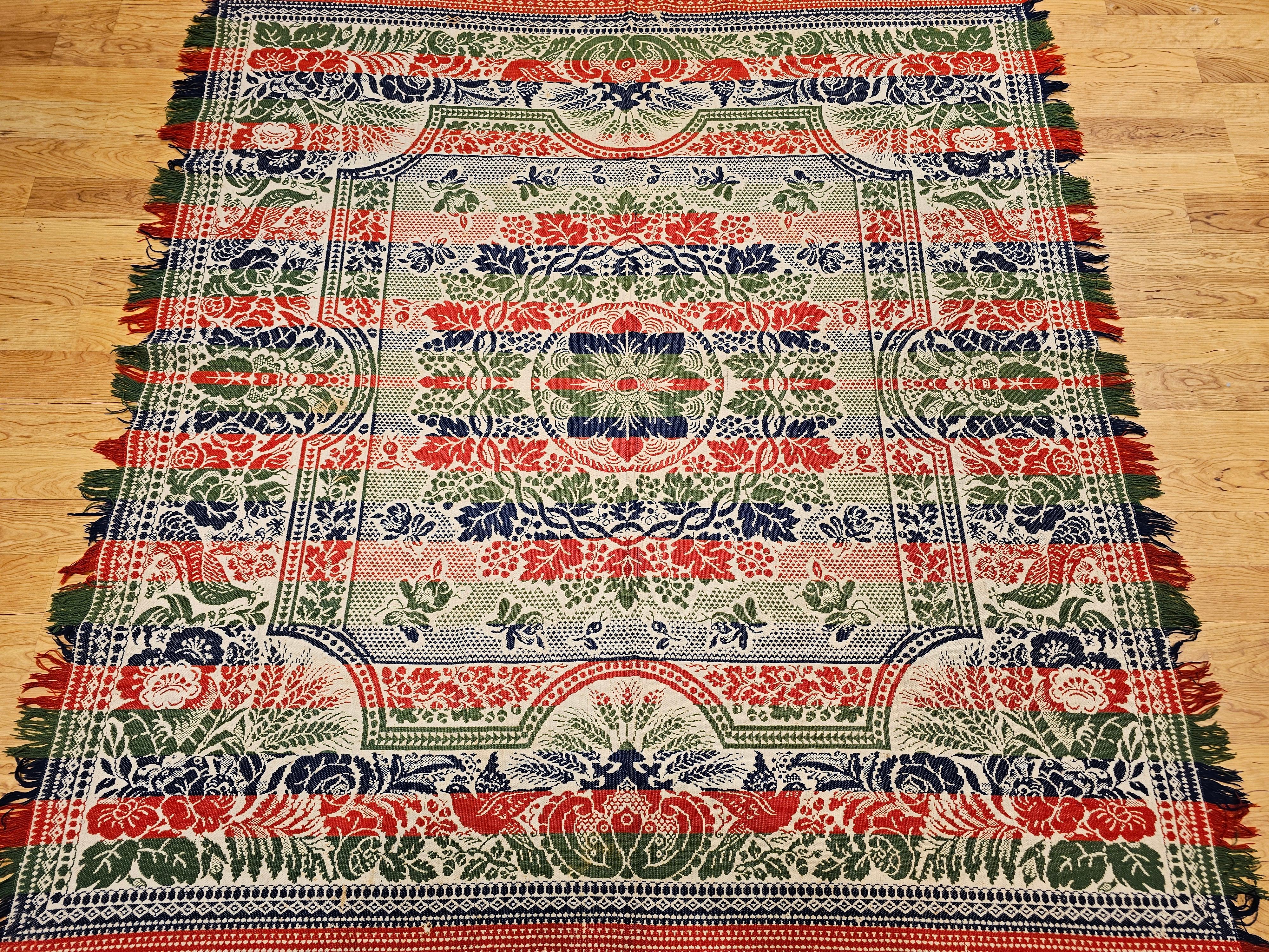 Hand-Crafted Mid-19th Century American Jacquard Coverlet with Floral & Bird Design For Sale