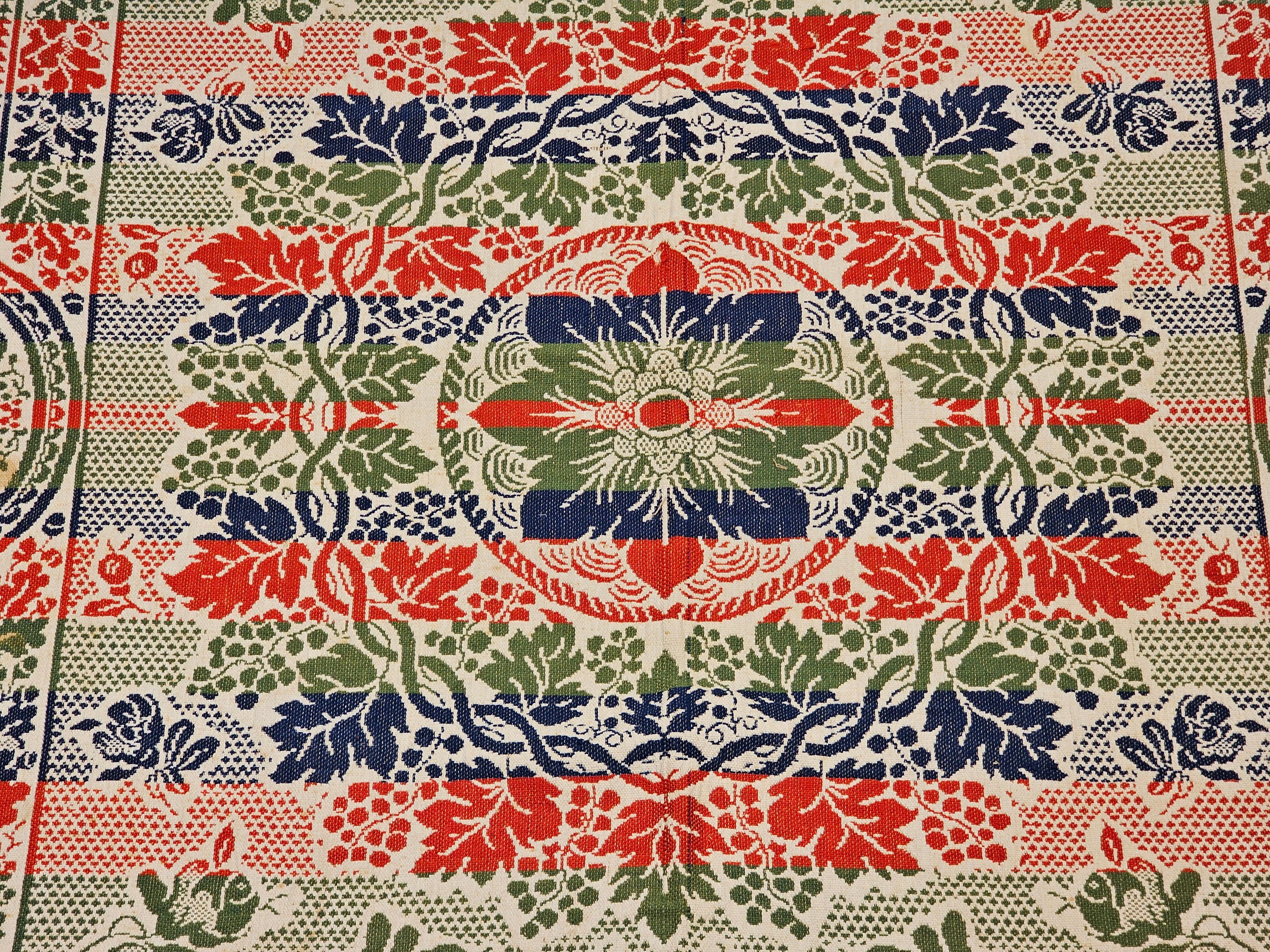 Wool Mid-19th Century American Jacquard Coverlet with Floral & Bird Design For Sale