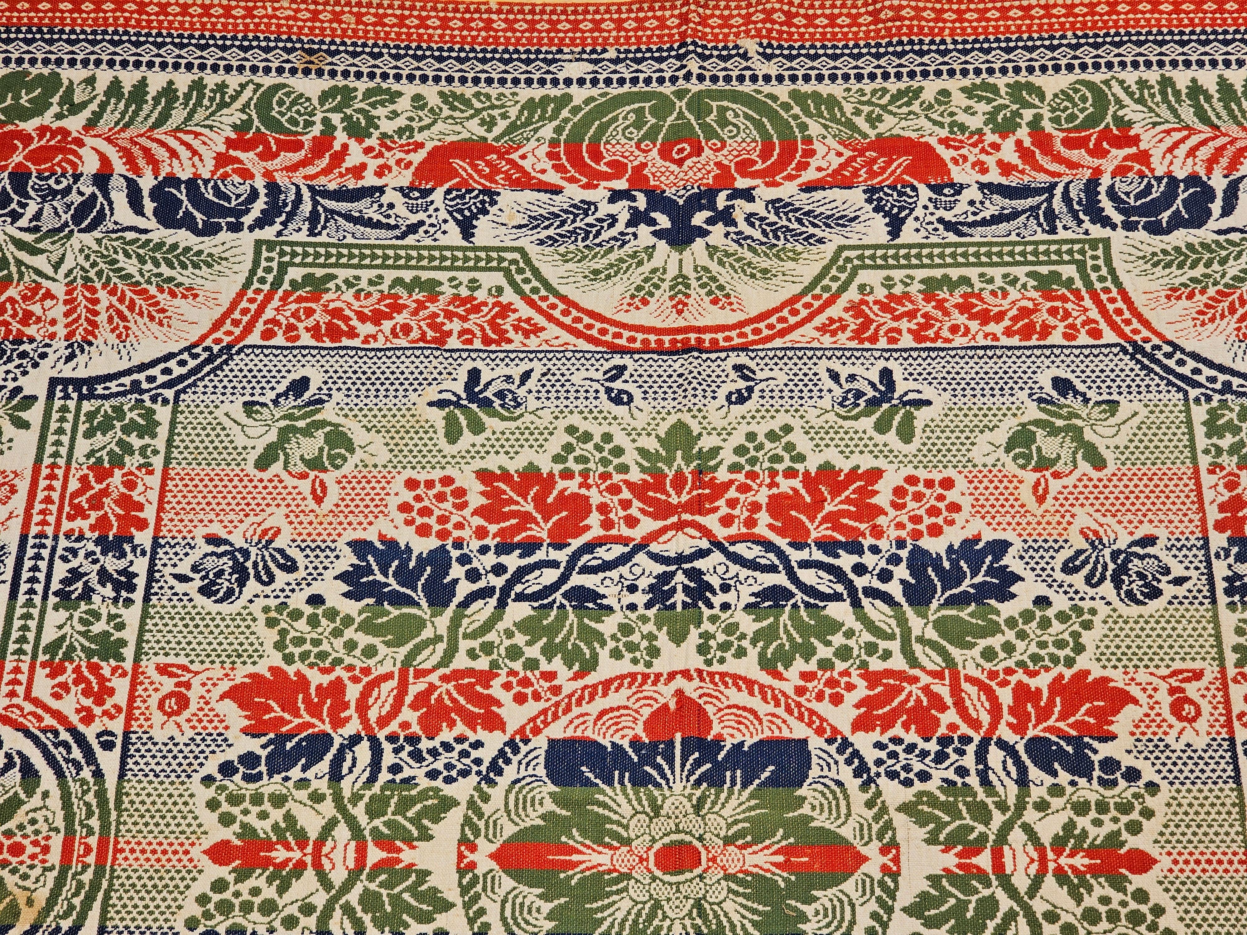 Mid-19th Century American Jacquard Coverlet with Floral & Bird Design For Sale 1