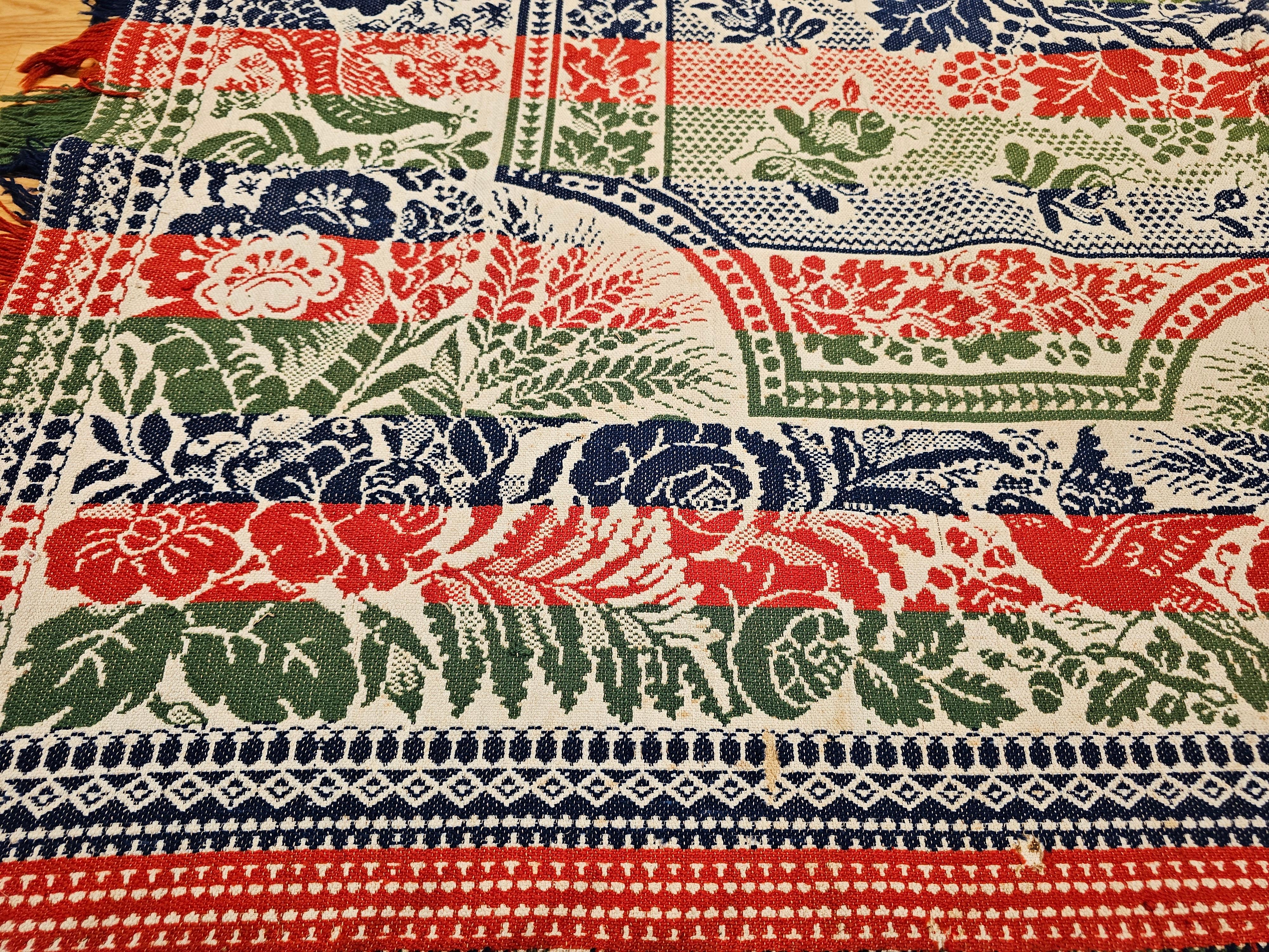 Mid-19th Century American Jacquard Coverlet with Floral & Bird Design For Sale 2