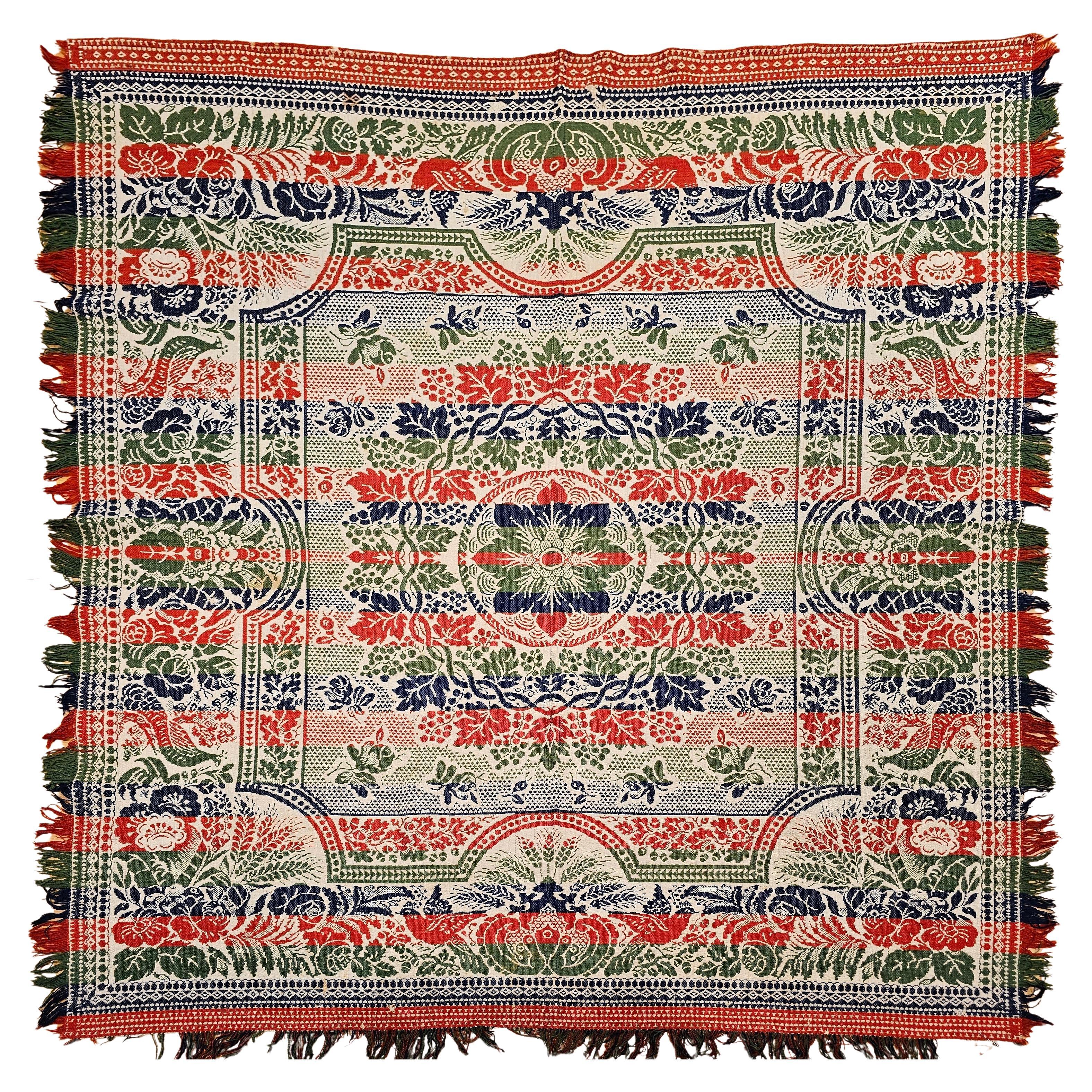 Mid-19th Century American Jacquard Coverlet with Floral & Bird Design