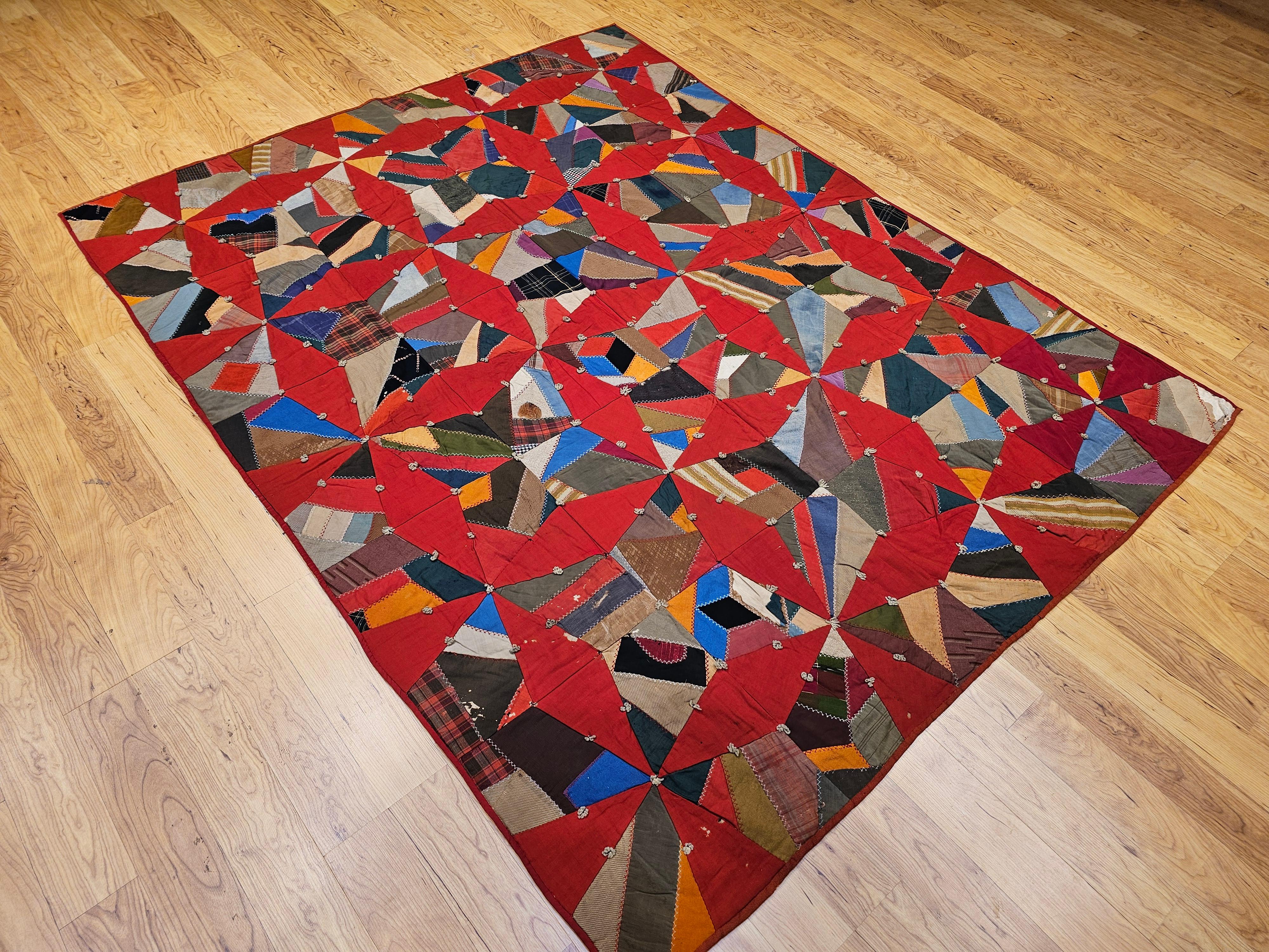 19th Century American Crazy Quilt with Red Stars For Sale 5