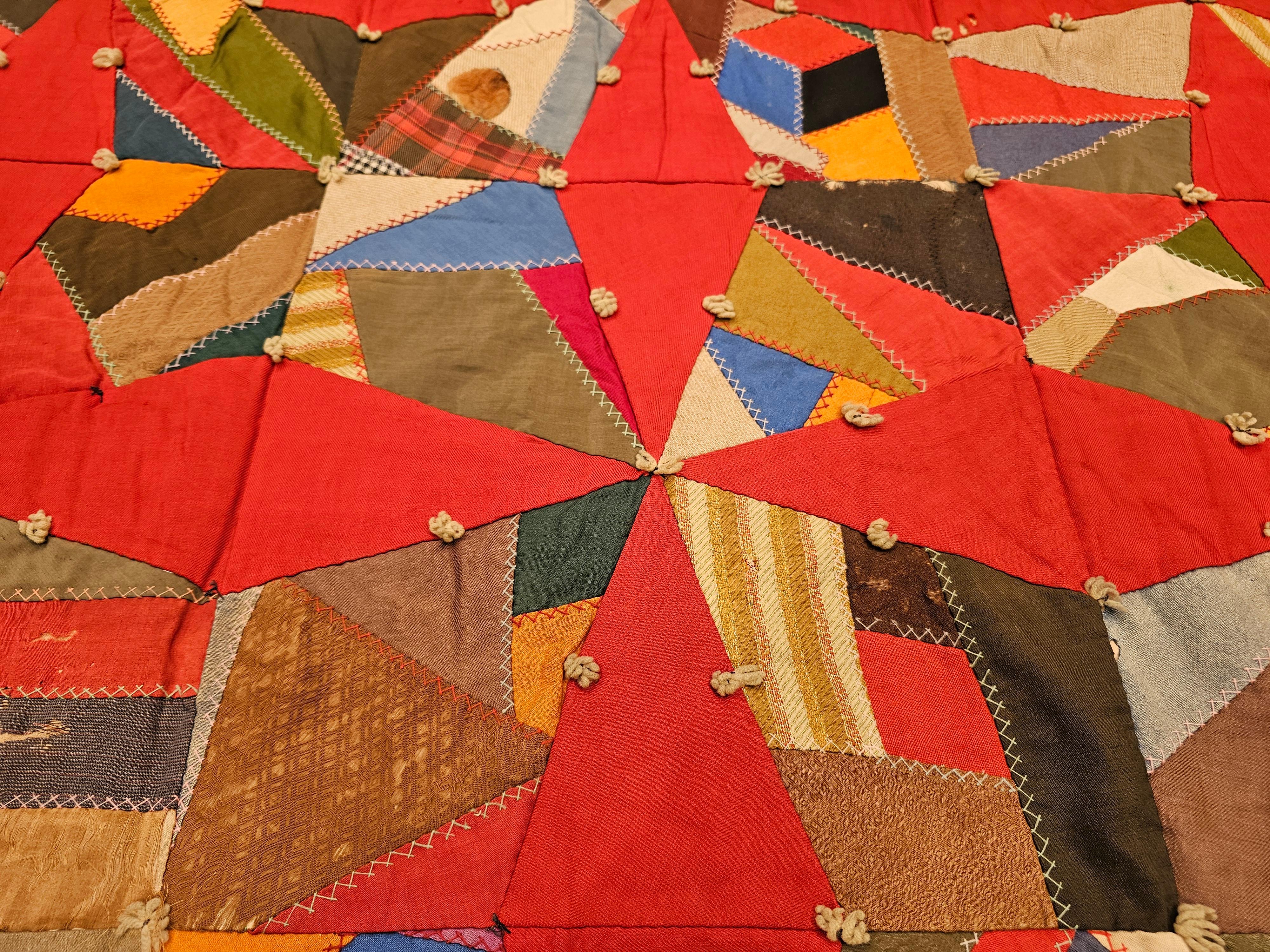 19th Century American Crazy Quilt with Red Stars For Sale 6