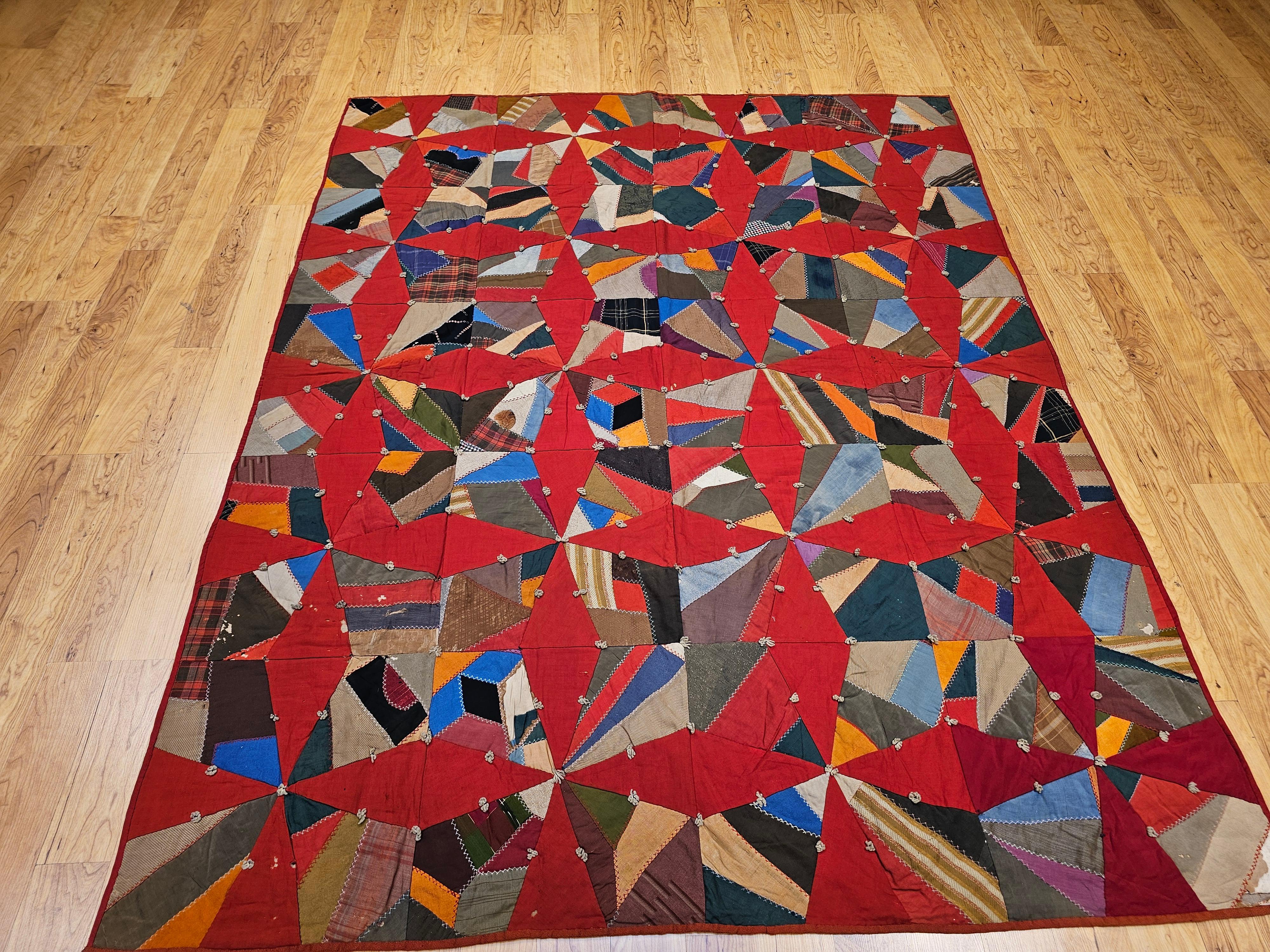 19th Century American Crazy Quilt with Red Stars For Sale 7