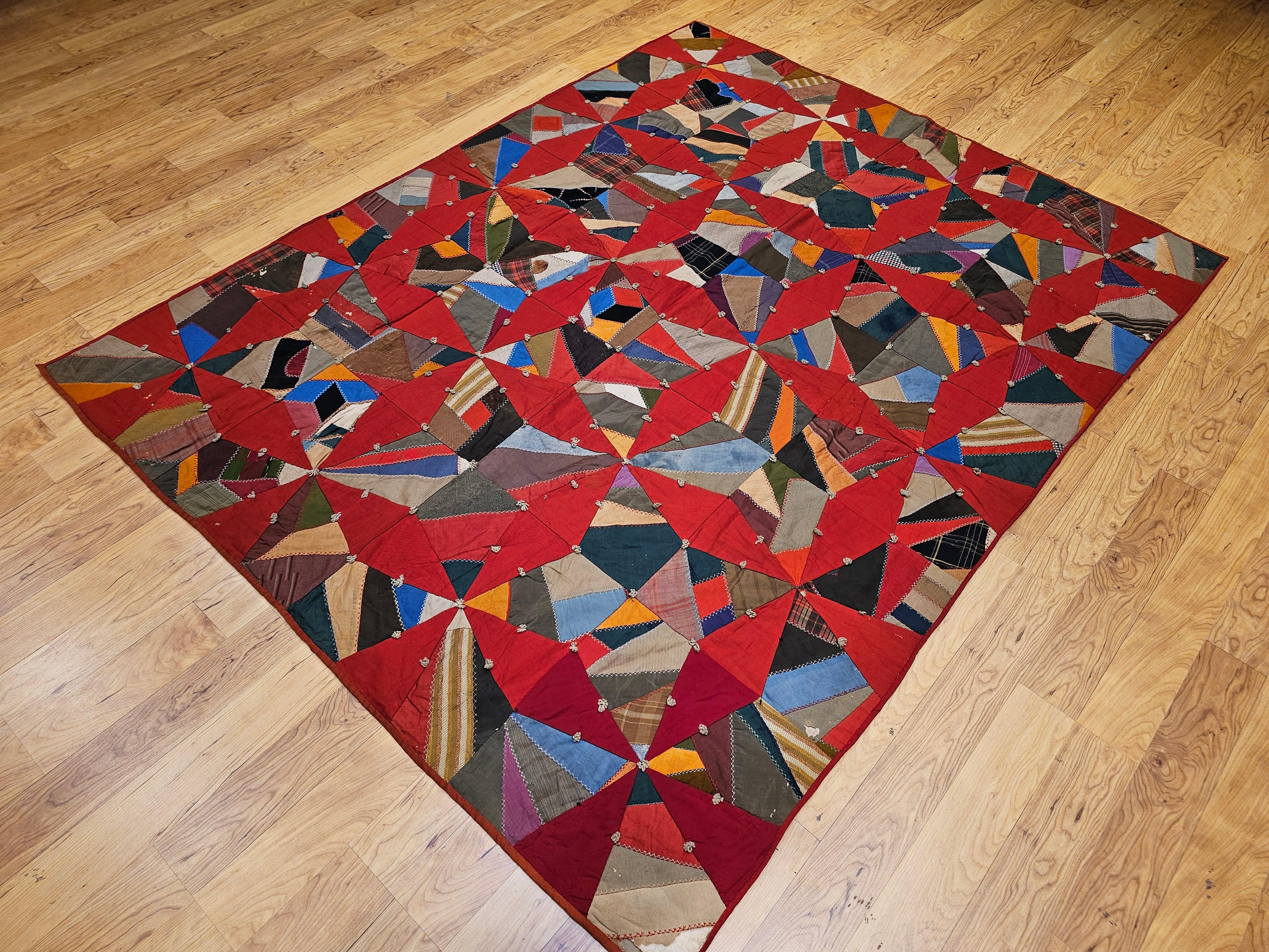 19th Century American Crazy Quilt with Red Stars For Sale 8