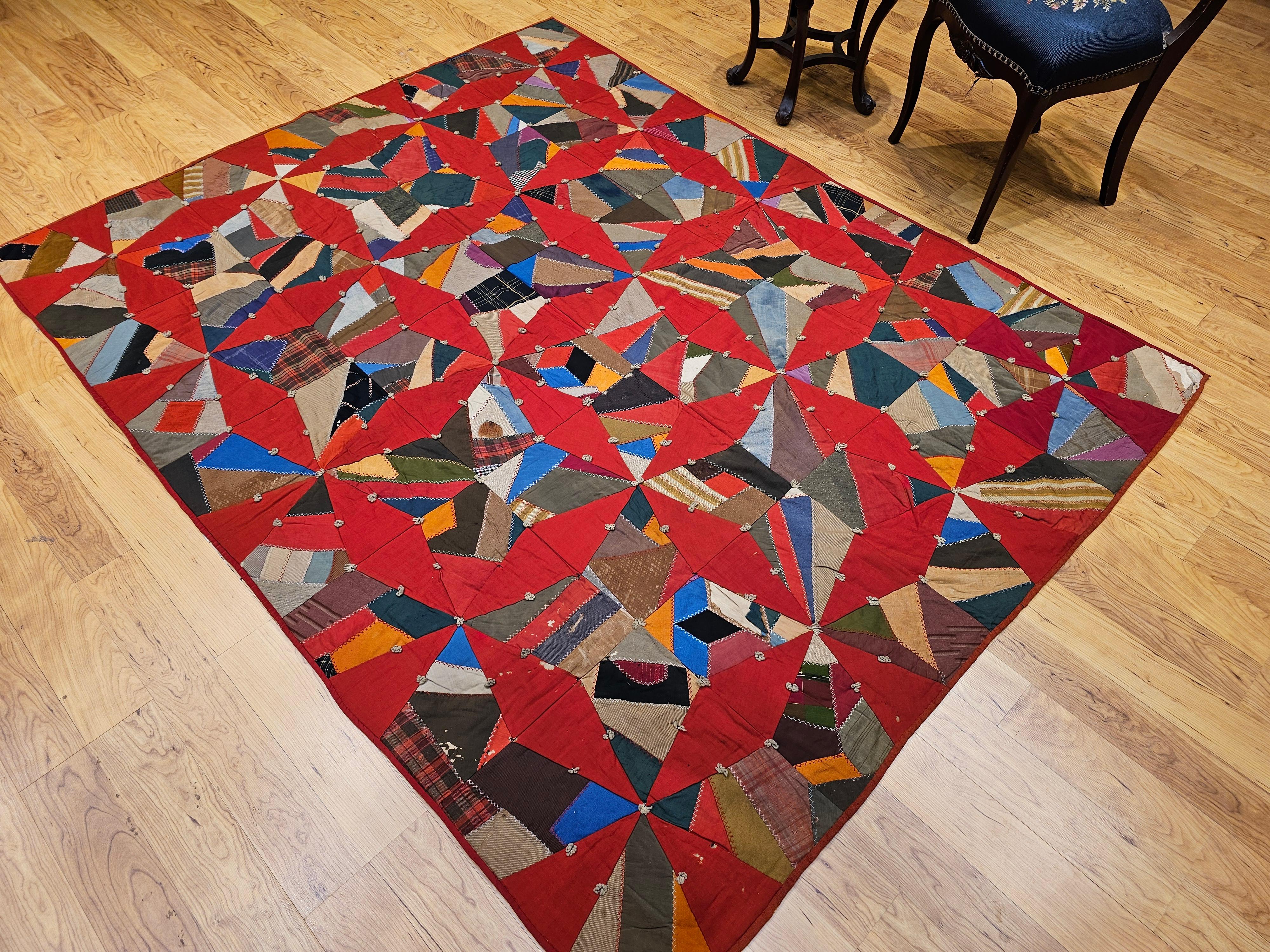 19th Century American Crazy Quilt with Red Stars For Sale 9