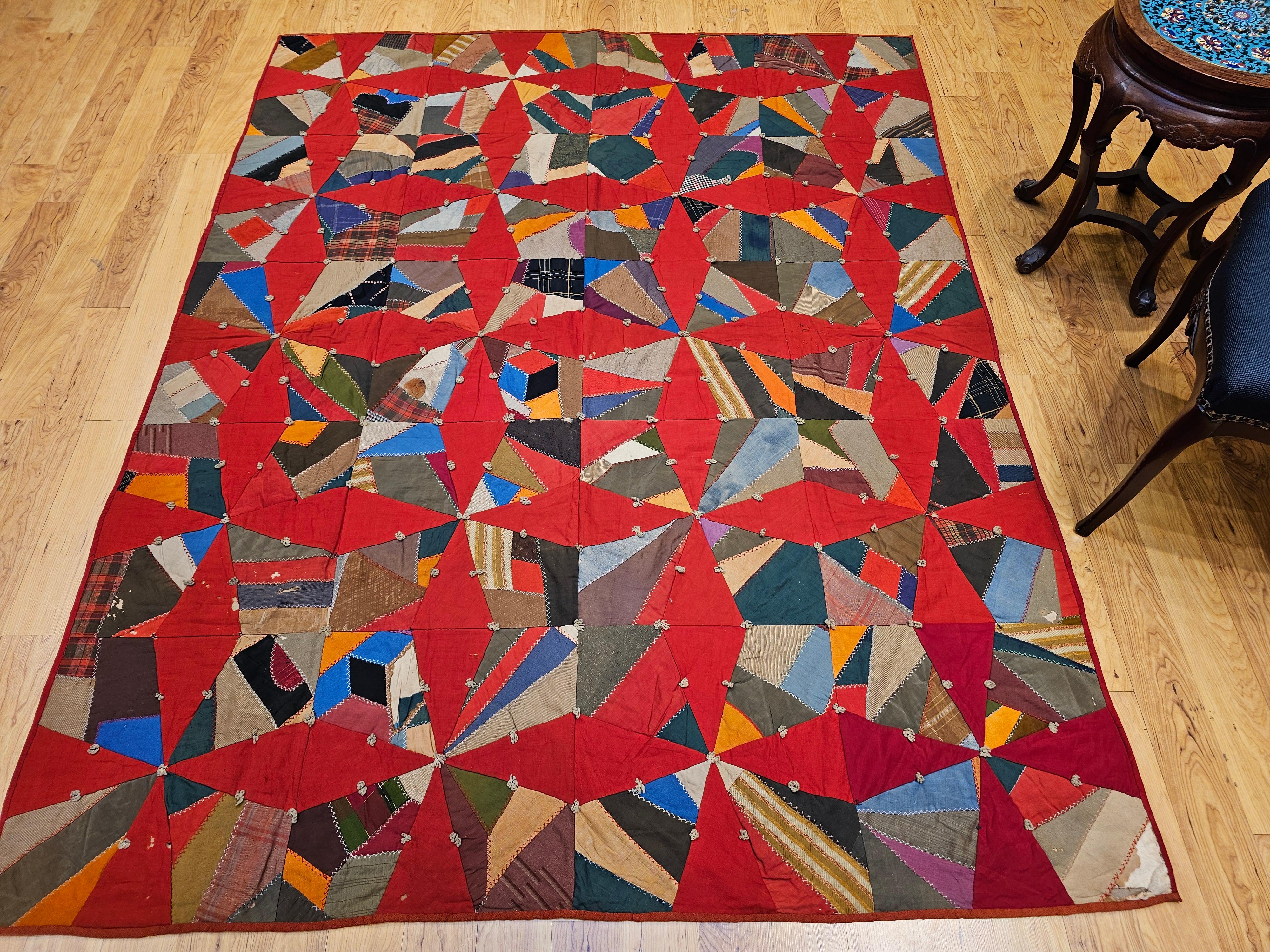 19th Century American Crazy Quilt with Red Stars For Sale 10