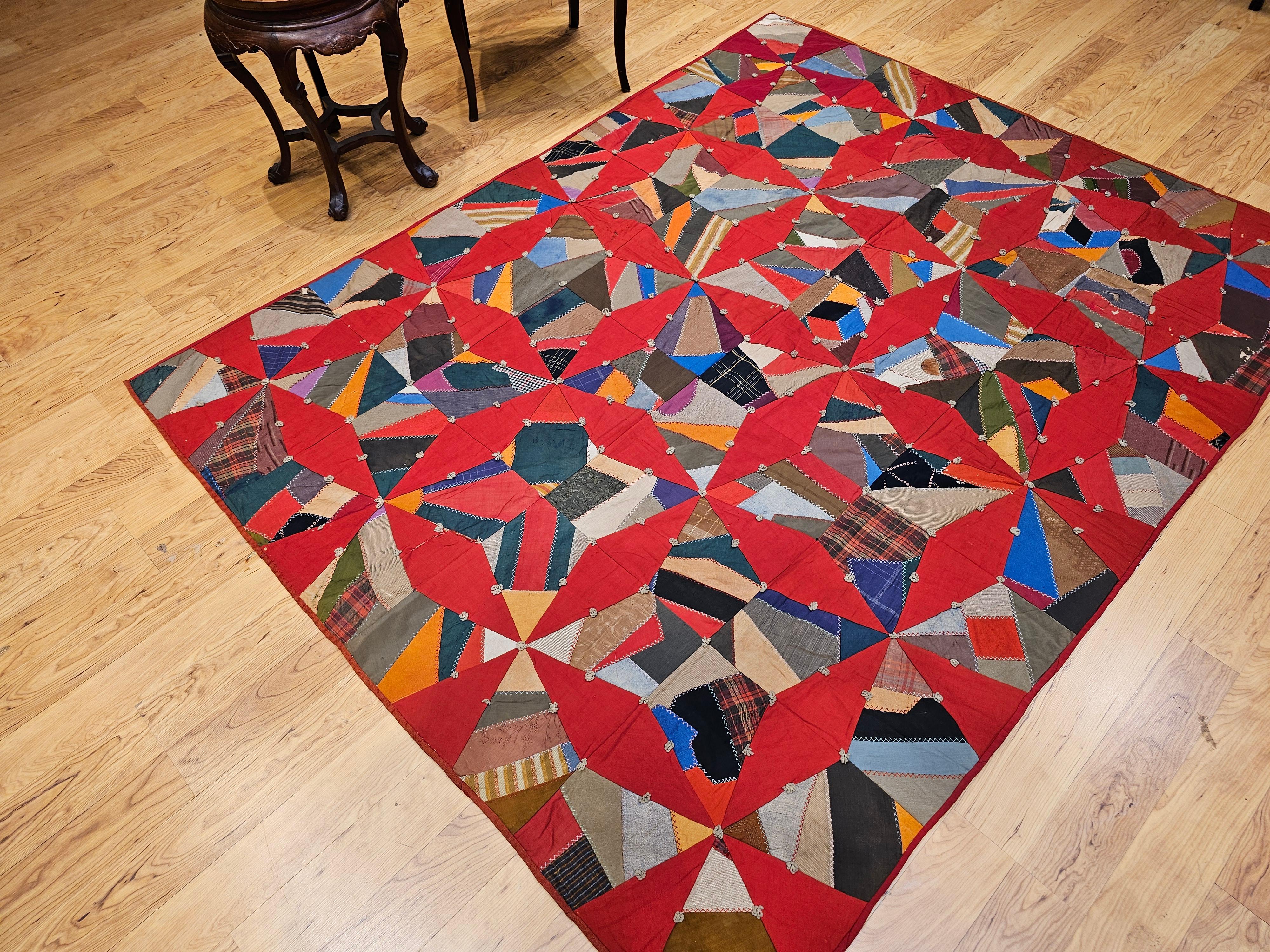 19th Century American Crazy Quilt with Red Stars For Sale 13